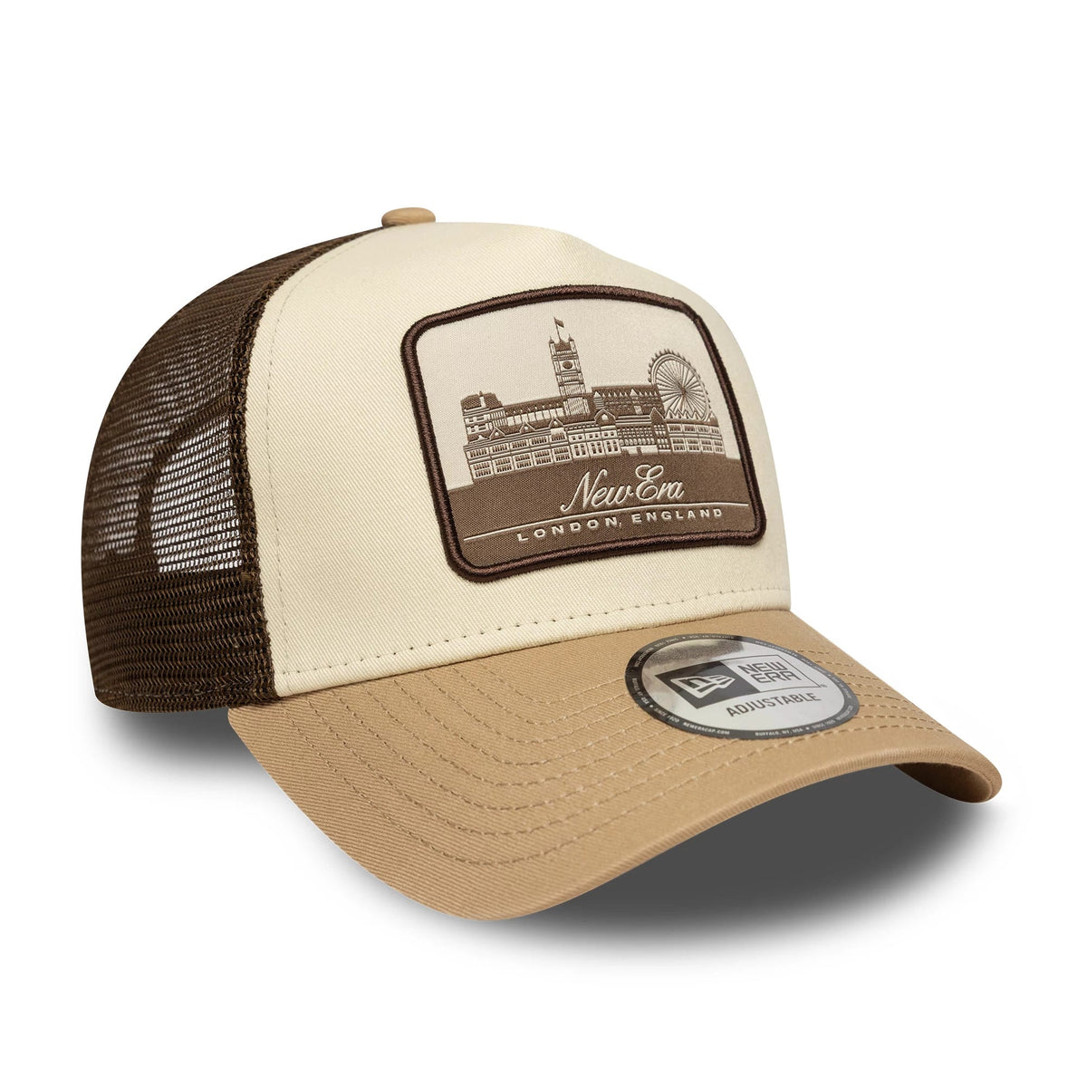 This is a New Era London Light Beige 9FORTY A-Frame Trucker Adjustable Cap 3