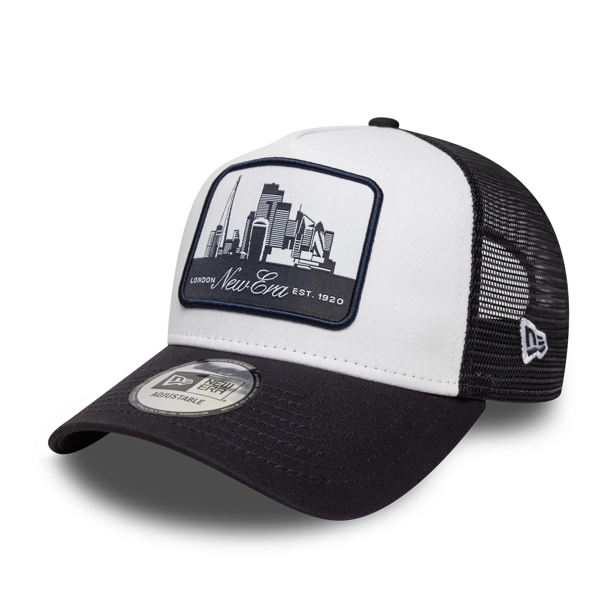 This is a New Era London Navy 9FORTY A-Frame Trucker Adjustable Cap 1