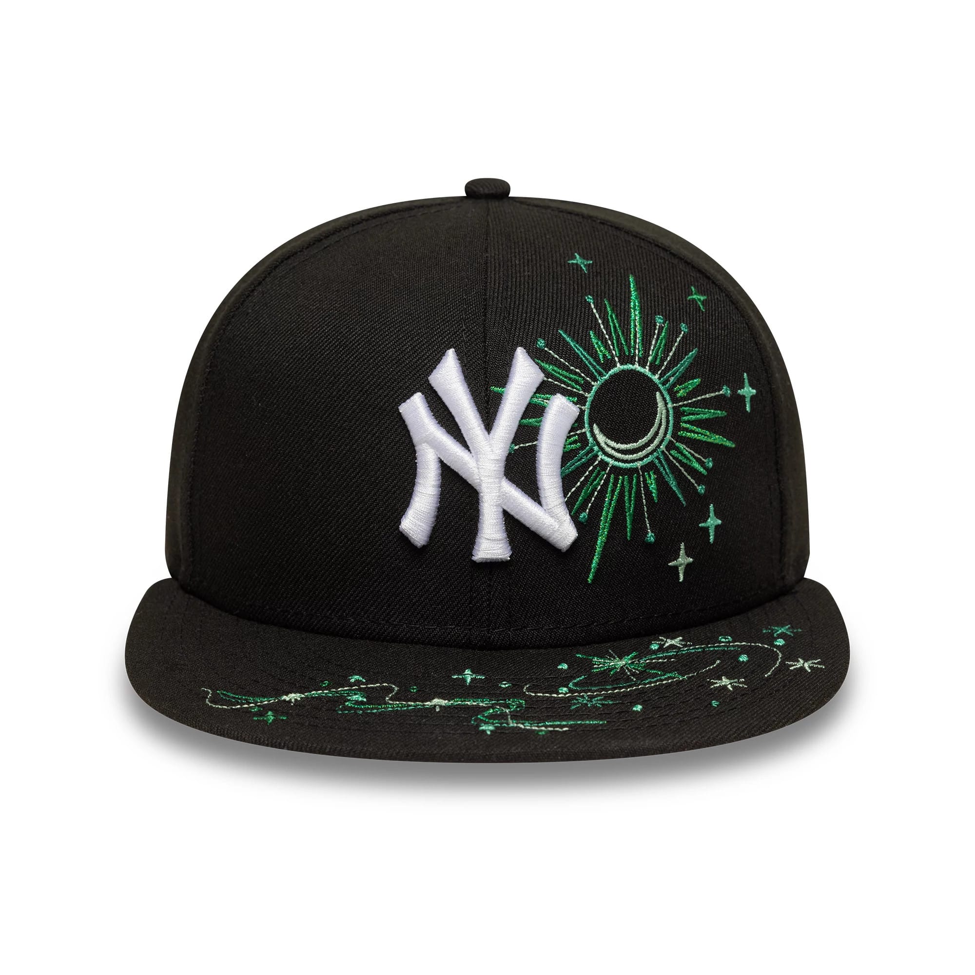 New York Yankees MLB Zodiac Black New Era 59FIFTY Fitted Cap, front view showing a white embroidered NY logo, green zodiac-inspired celestial designs on the right front panel, and matching green embroidery on the black visor.