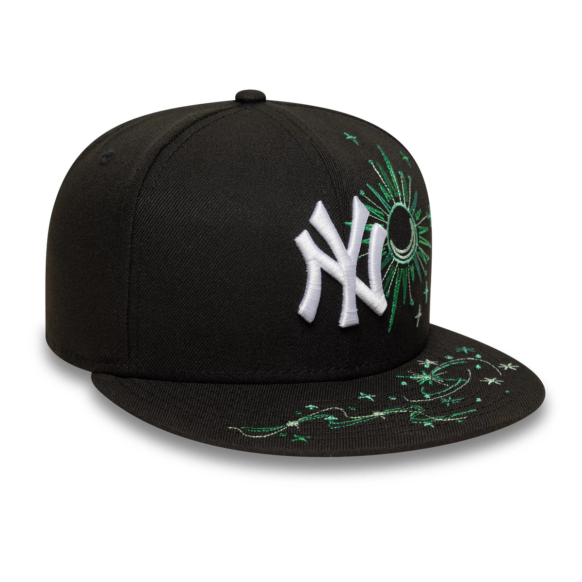 New York Yankees MLB Zodiac Black New Era 59FIFTY Fitted Cap, three-quarter view showing a white raised embroidered NY logo on the front panel and intricate green celestial embroidery on the black visor.
