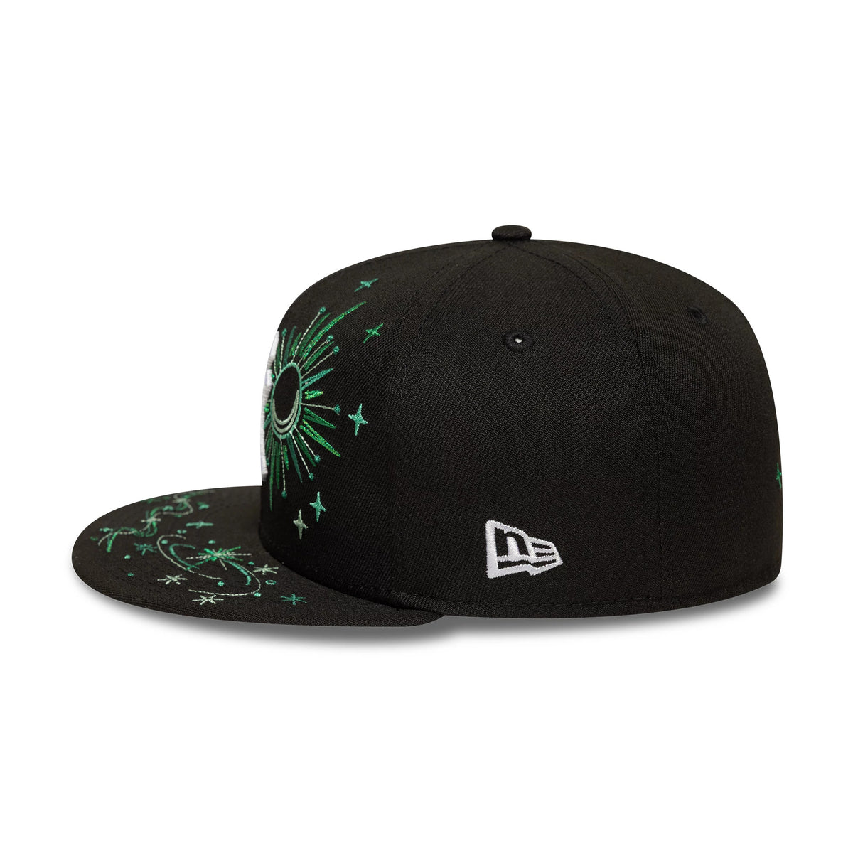 New York Yankees MLB Zodiac Black New Era 59FIFTY Fitted Cap, side view showing the white New Era flag logo on the left side and detailed green zodiac-themed embroidery with stars and planets on the front panel and visor.