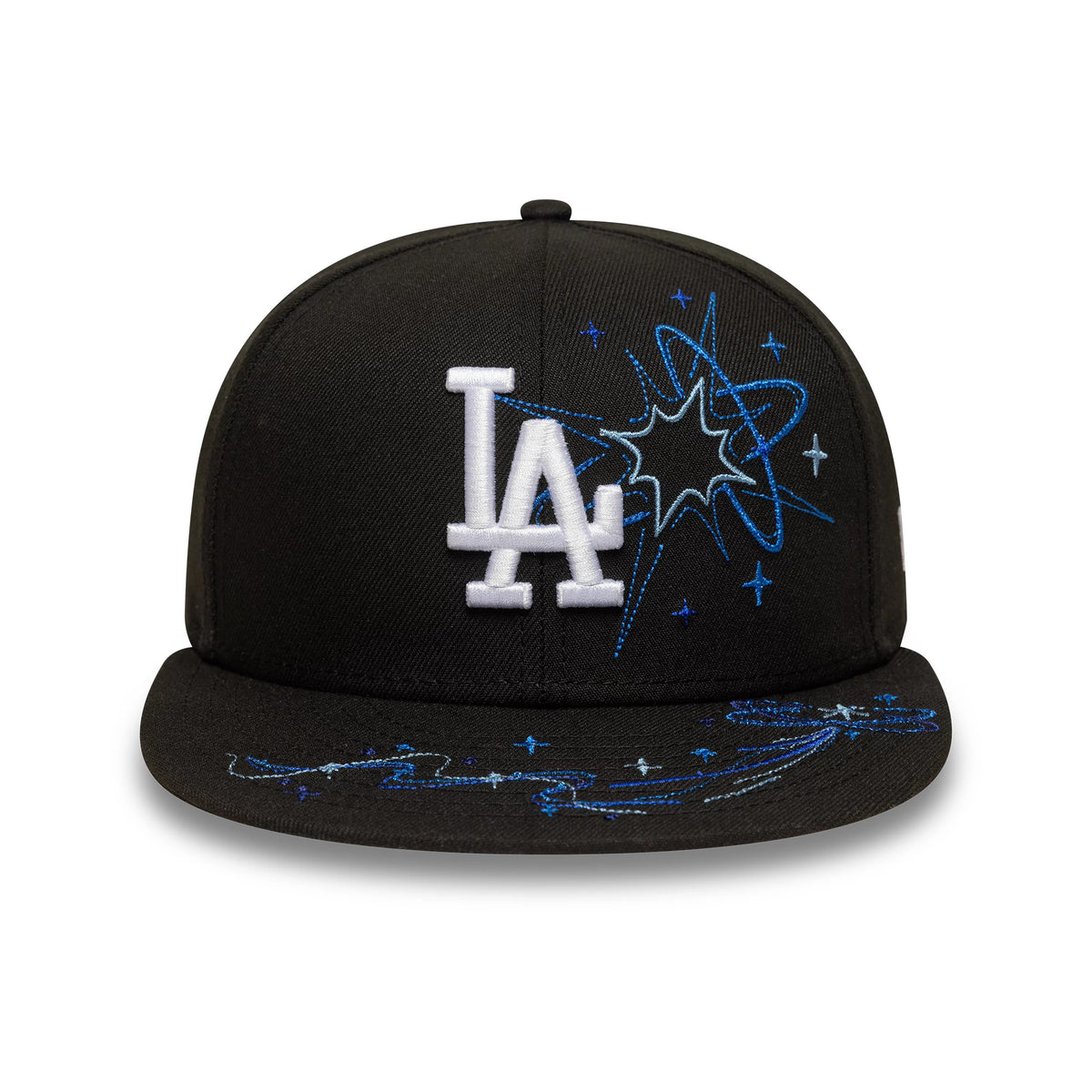 LA Dodgers MLB Zodiac Black New Era 59FIFTY Fitted Cap, front view showing the white LA logo in raised embroidery on the black crown, with blue constellation graphics extending over the visor.