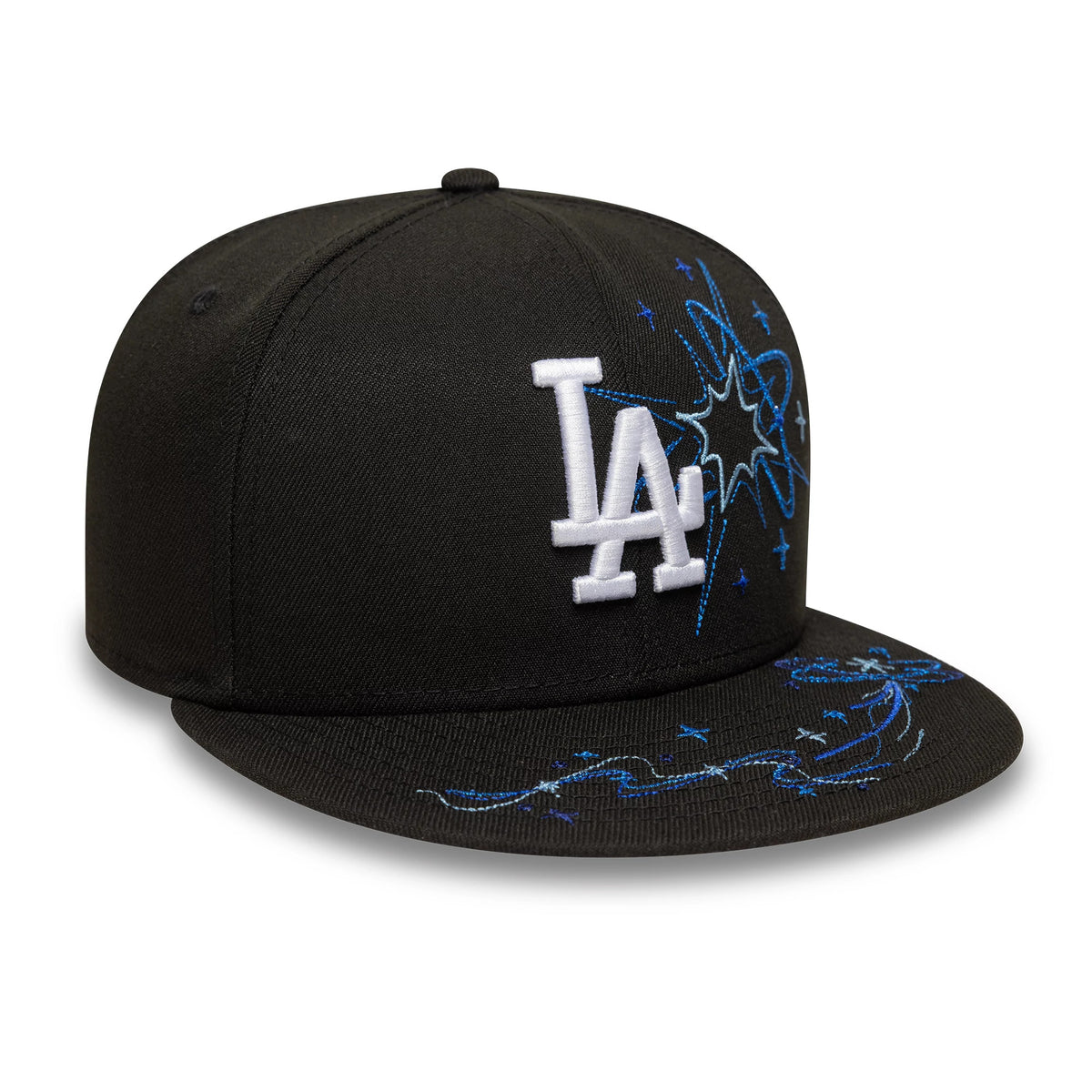 LA Dodgers MLB Zodiac Black New Era 59FIFTY Fitted Cap, front view showing the white raised LA logo embroidered on the front panel, with blue zodiac-themed embroidery extending across the black visor.