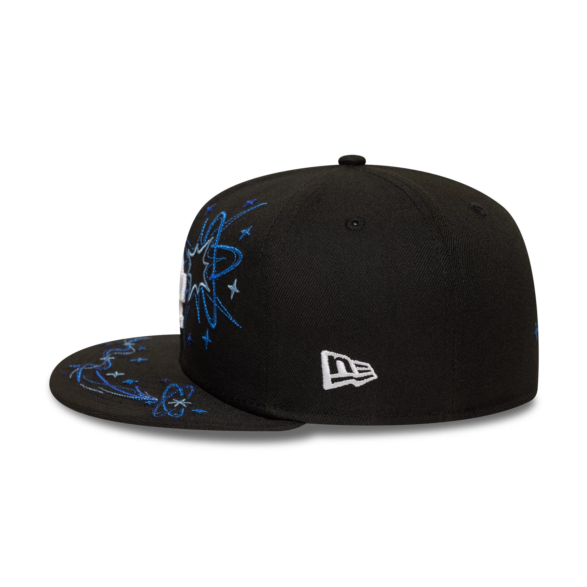 LA Dodgers MLB Zodiac Black New Era 59FIFTY Fitted Cap, side view showing the white New Era flag logo on the left side with intricate blue embroidered zodiac designs on the black structured crown and visor.