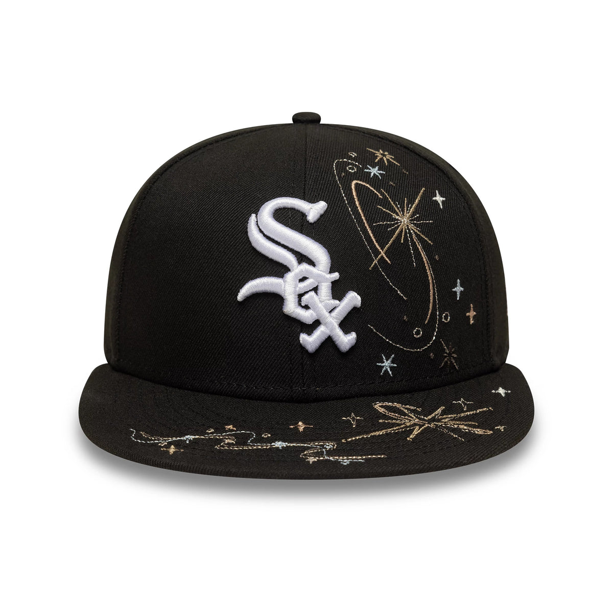 Chicago White Sox MLB Zodiac Black New Era 59FIFTY Fitted Cap, front view showing the raised white Sox logo on the black crown, with gold and white zodiac embroidery on the front panel and visor.