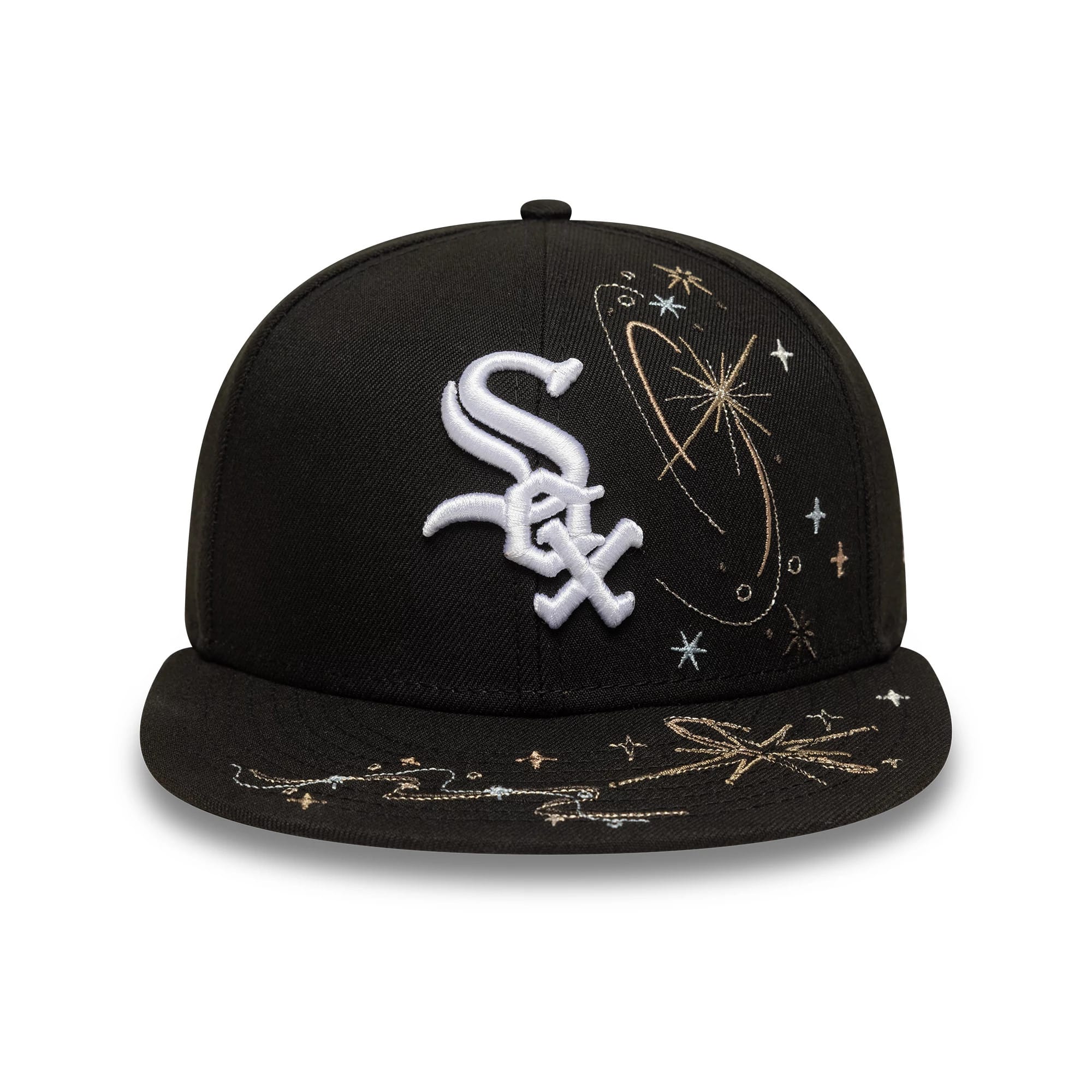 Chicago White Sox MLB Zodiac Black New Era 59FIFTY Fitted Cap, front view showing the raised white Sox logo on the black crown, with gold and white zodiac embroidery on the front panel and visor.