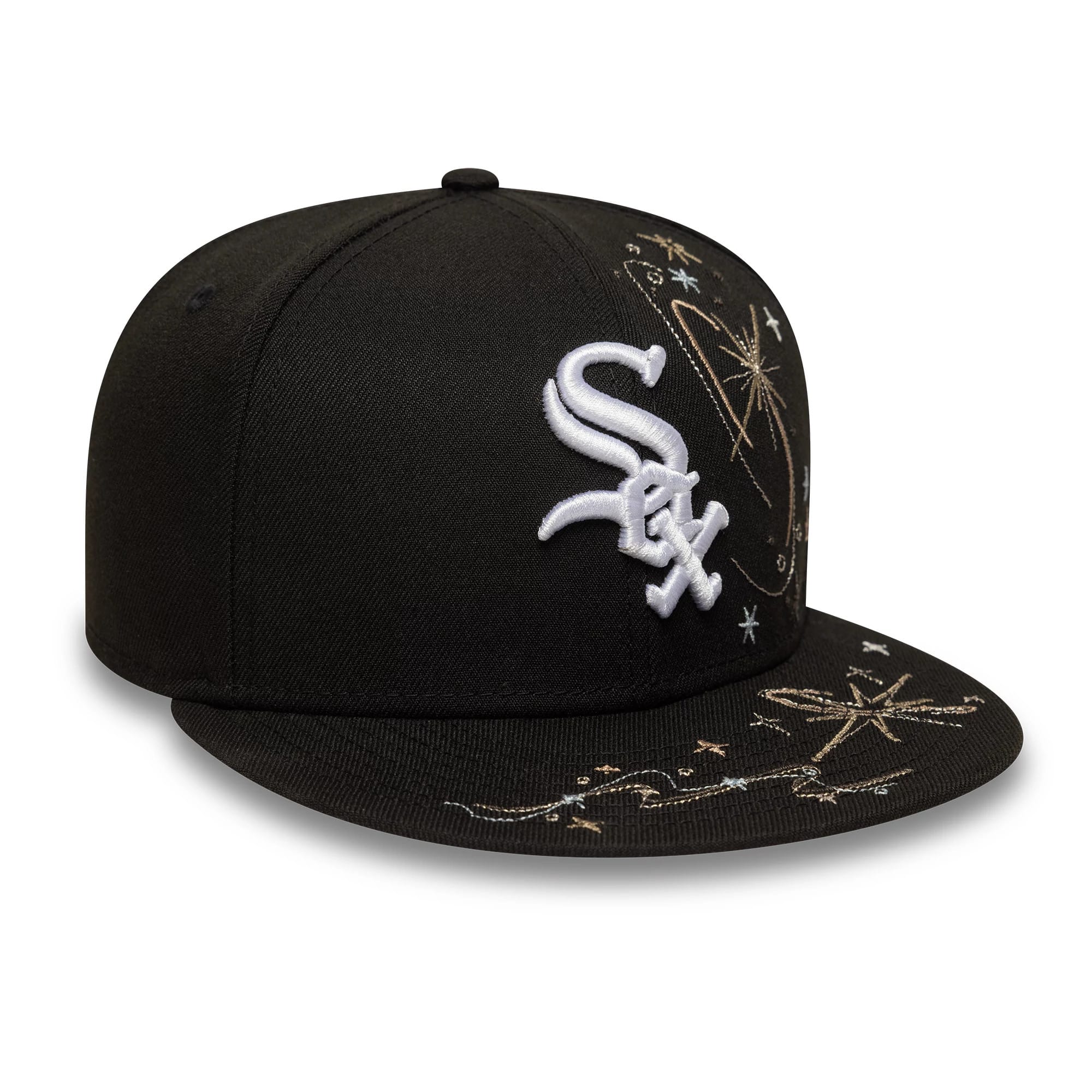 Chicago White Sox MLB Zodiac Black New Era 59FIFTY Fitted Cap, three-quarter view showing the raised white embroidered Sox logo on the front panel with intricate zodiac pattern embroidery on the side and visor.