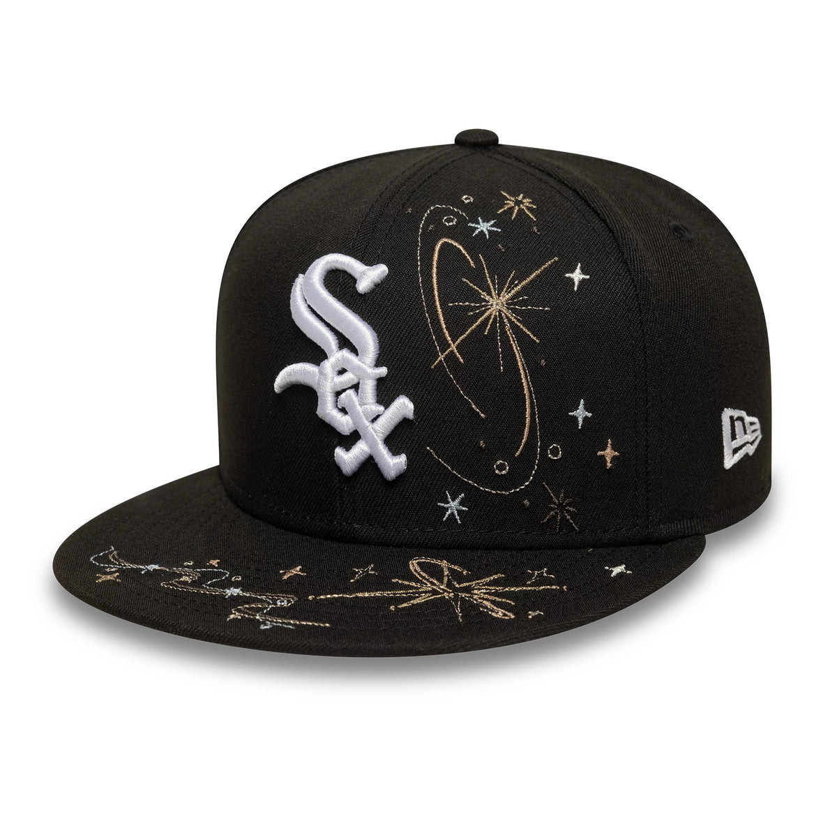 Chicago White Sox MLB Zodiac Black New Era 59FIFTY Fitted Cap, front view showing the raised white team logo on the front panel, with gold and white zodiac-themed embroidery on the black crown and visor, and the New Era flag logo on the left side.