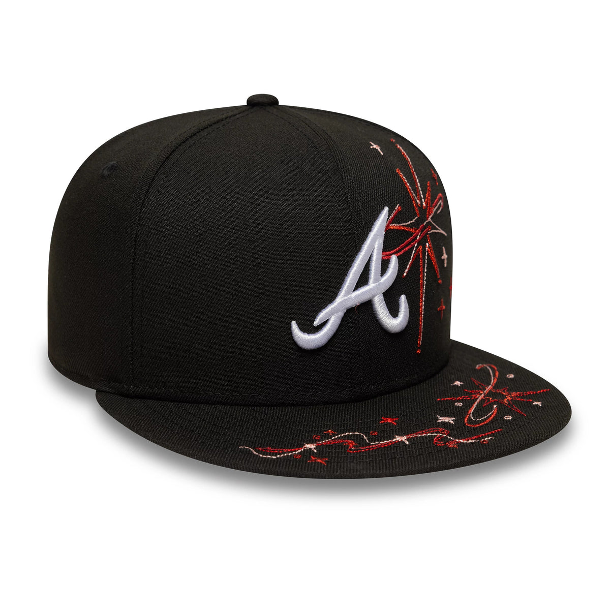 Atlanta Braves MLB Zodiac Black New Era 59FIFTY Fitted Cap, three-quarter view showing a white embroidered A logo on the front panel with red zodiac-style starburst embroidery extending across the front panels and visor.