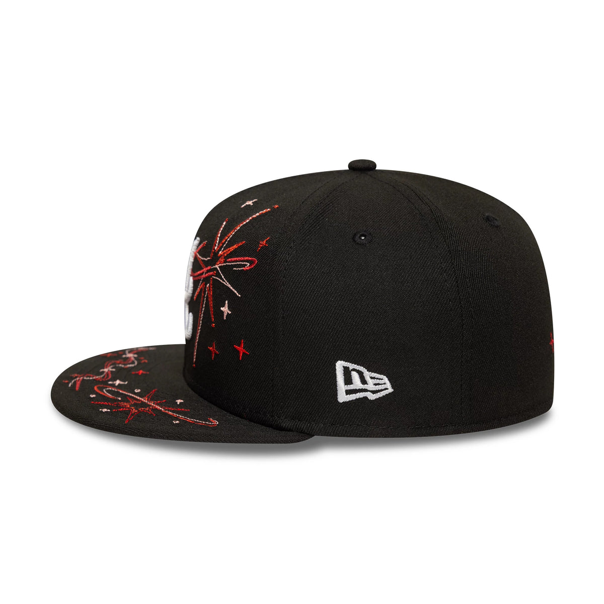 Atlanta Braves MLB Zodiac Black New Era 59FIFTY Fitted Cap, side view with white New Era flag logo on the left side, featuring intricate red and white embroidered zodiac-inspired patterns on the black crown and flat visor.