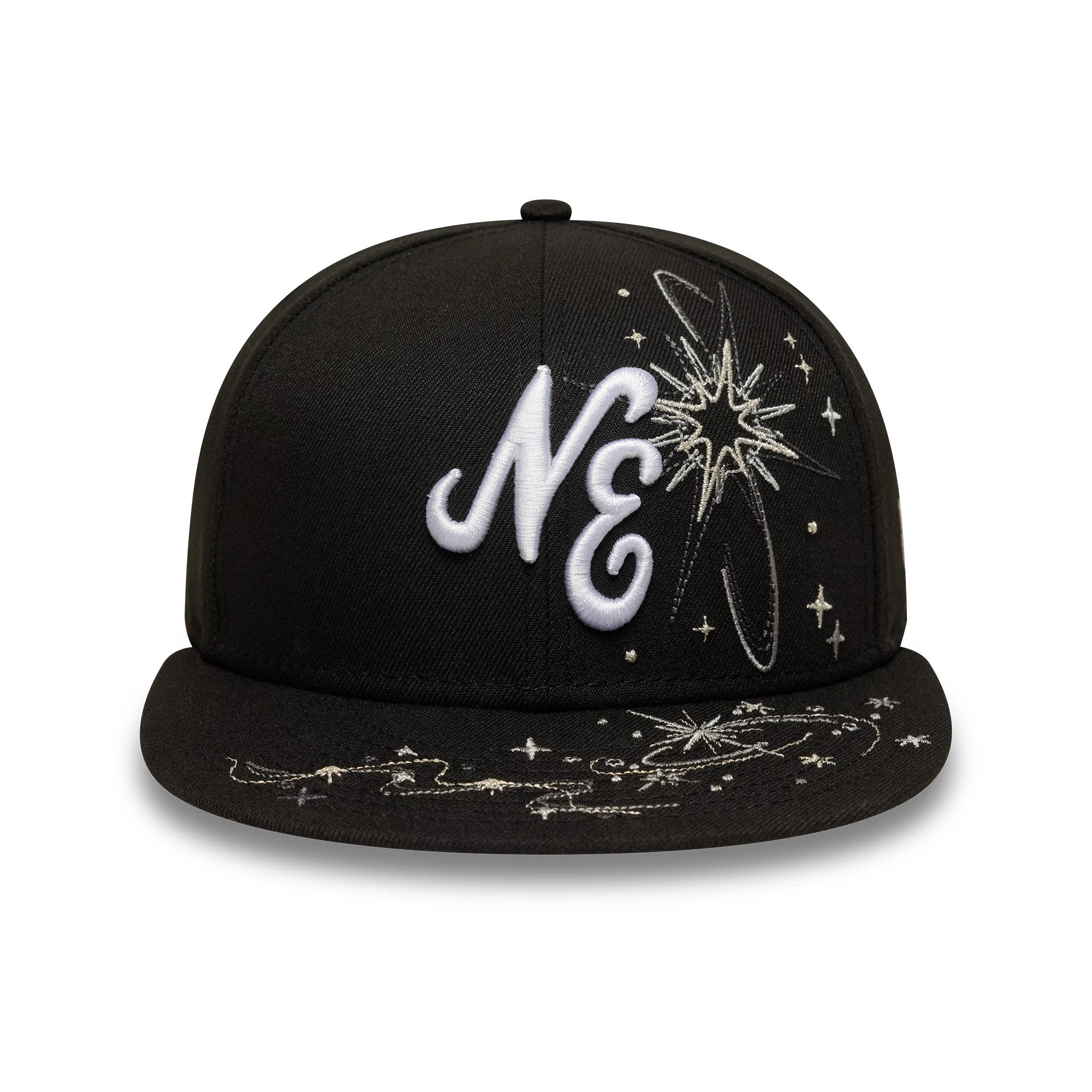 New Era Zodiac Black 59FIFTY Fitted Cap, front view showing an embroidered NE logo in white on the structured black crown, surrounded by intricate silver star and constellation graphics extending onto the visor.
