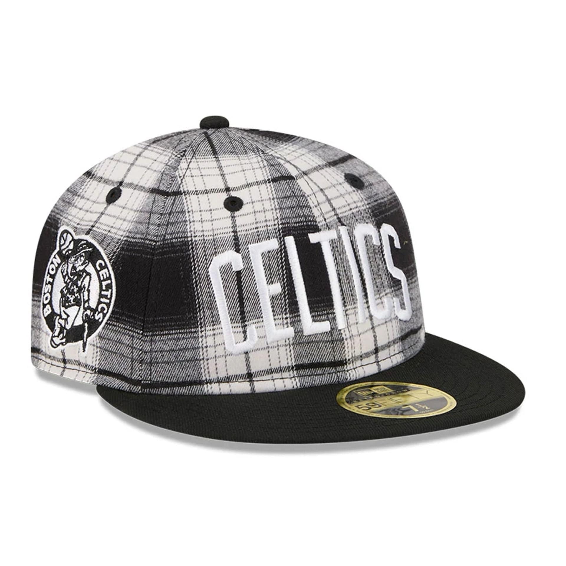 This is a Boston Celtics NBA Grunge Style Plaid Black Retro Crown 59FIFTY Fitted Cap 1
