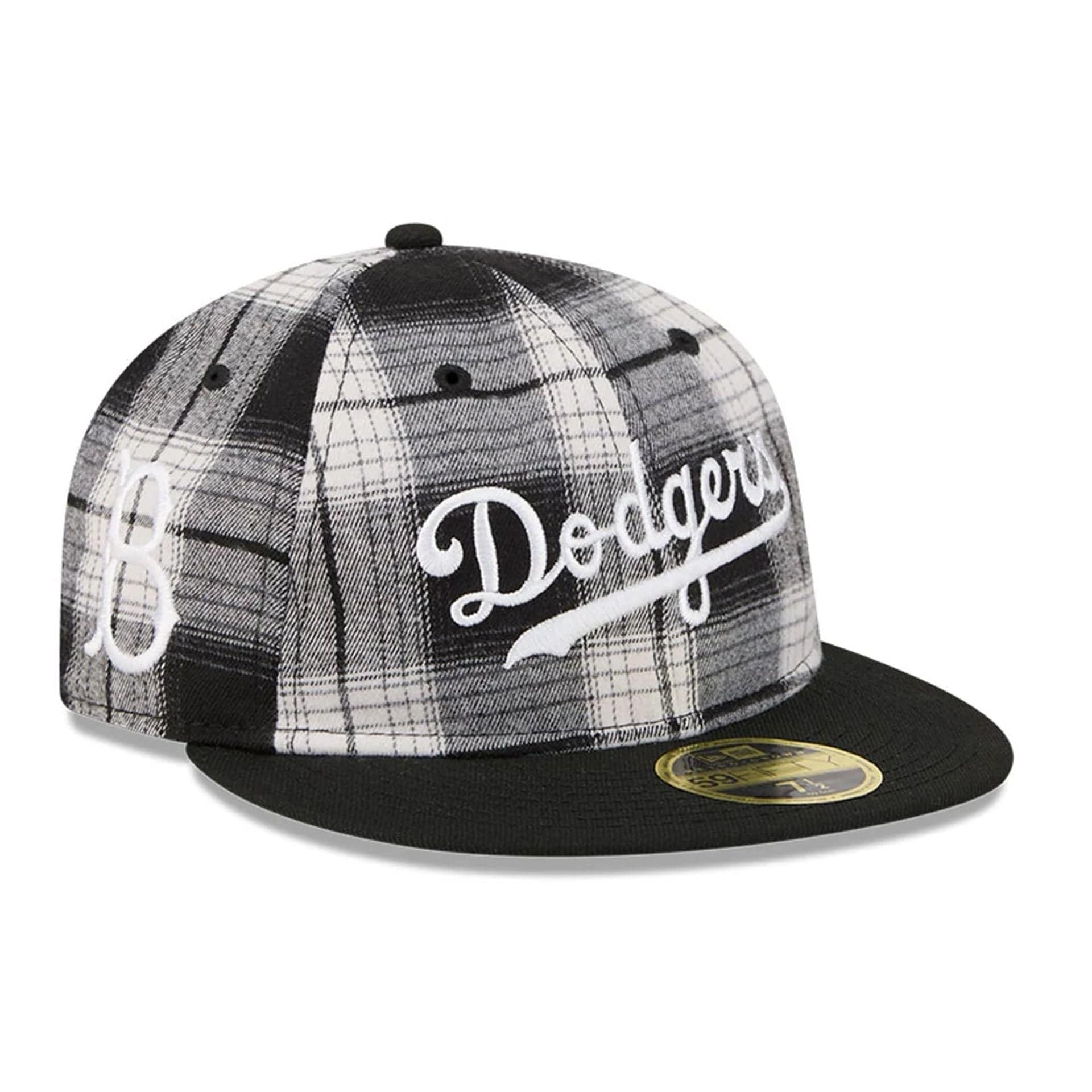 This is a Brooklyn Dodgers MLB Grunge Style Plaid Black Retro Crown 59FIFTY Fitted Cap 1