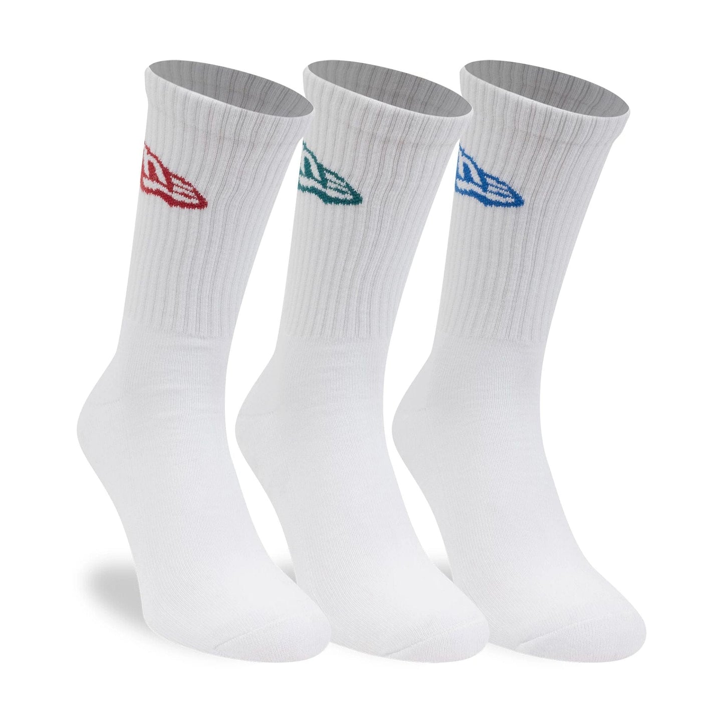 Pictured is this New Era Flag 3 Pack Crew Socks in white. 3