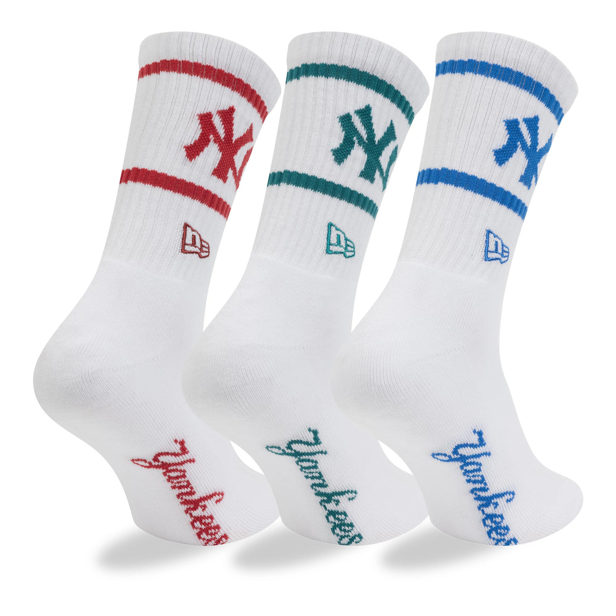 New Era New York Yankees MLB 3 Pack White Crew Socks, front view showing three pairs each with a large embroidered Yankees logo in red, teal, and blue on the cuff, a matching stripe, and New Era logo above the heel, Yankees text at the toe.