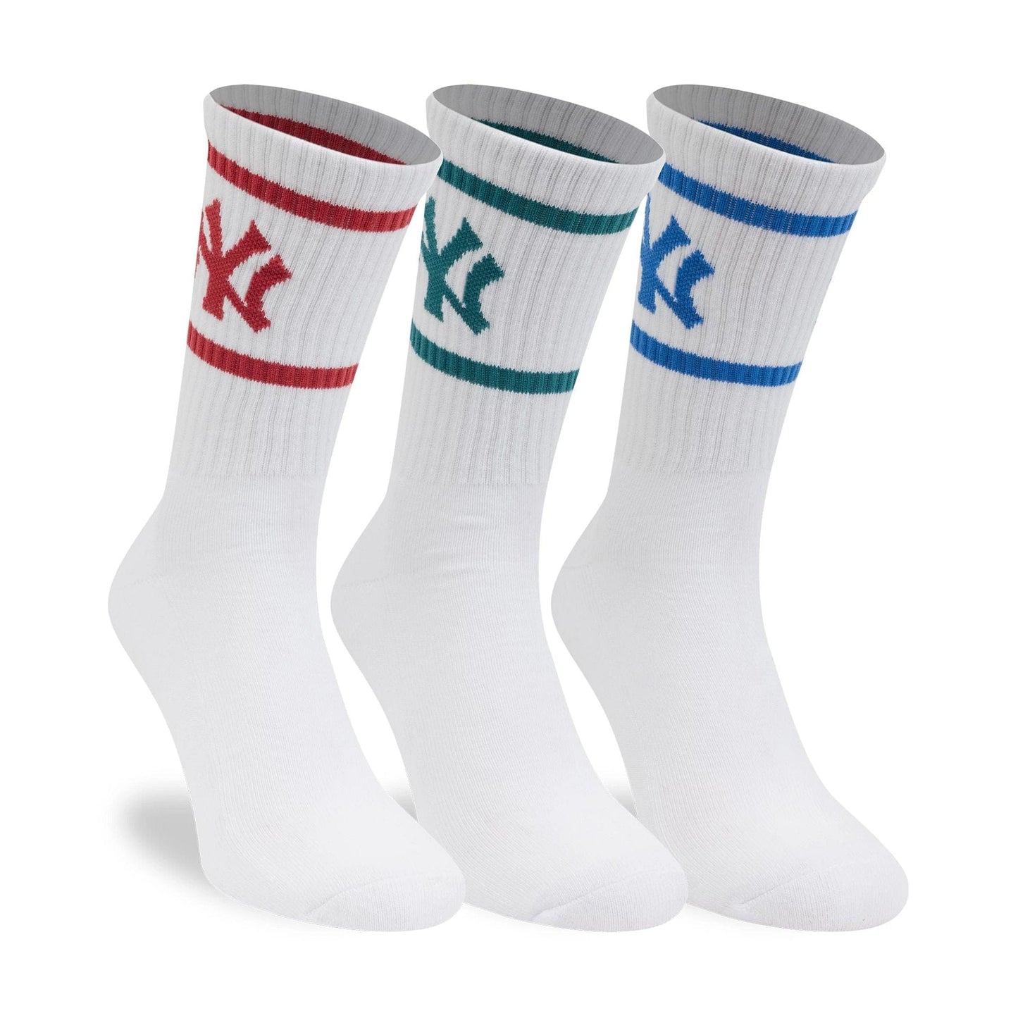 New Era New York Yankees MLB 3 Pack White Crew Socks, front view showcasing three pairs of white socks each with a different coloured embroidered New York Yankees logo—red, green, and blue—on the ribbed top band, with matching stripes above.