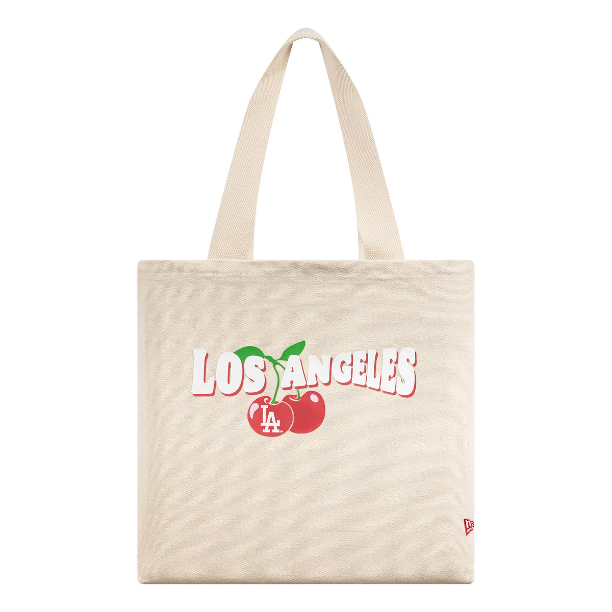 New Era LA Dodgers MLB Fruit Cream Tote Bag, front view showcasing a Los Angeles graphic with cherries and an LA logo beneath, positioned centrally against a cream background with a small embroidered New Era logo in the lower corner.