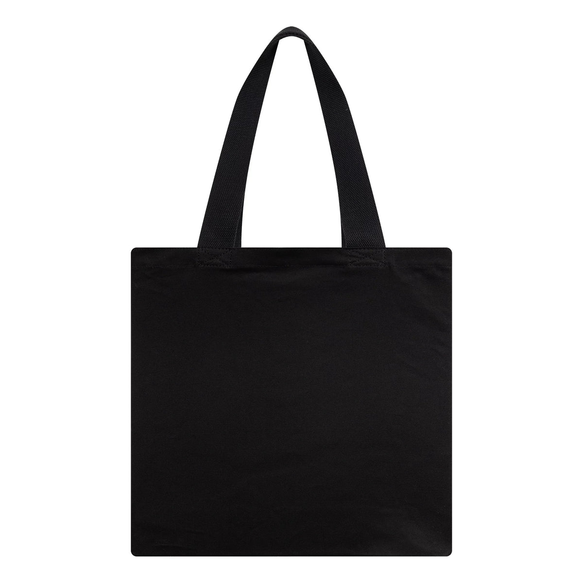 New Era New York Yankees MLB Animal Infill Black Tote Bag, front view displaying a solid black rectangular shape with two black handles extending from the top edge, no graphics or logos on this side.