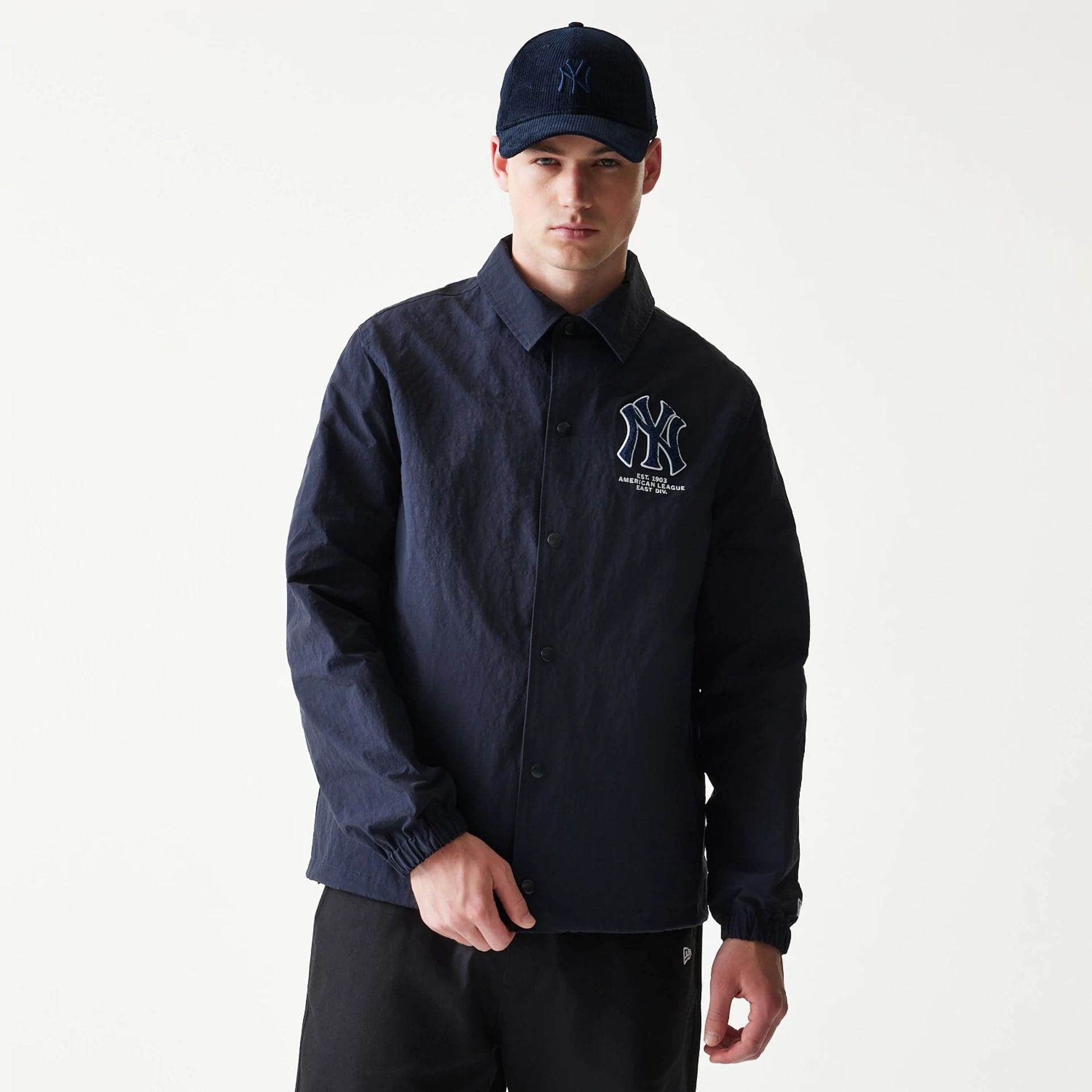 The model is wearing this MLB Coaches New York Yankees Jacket in navy. 1