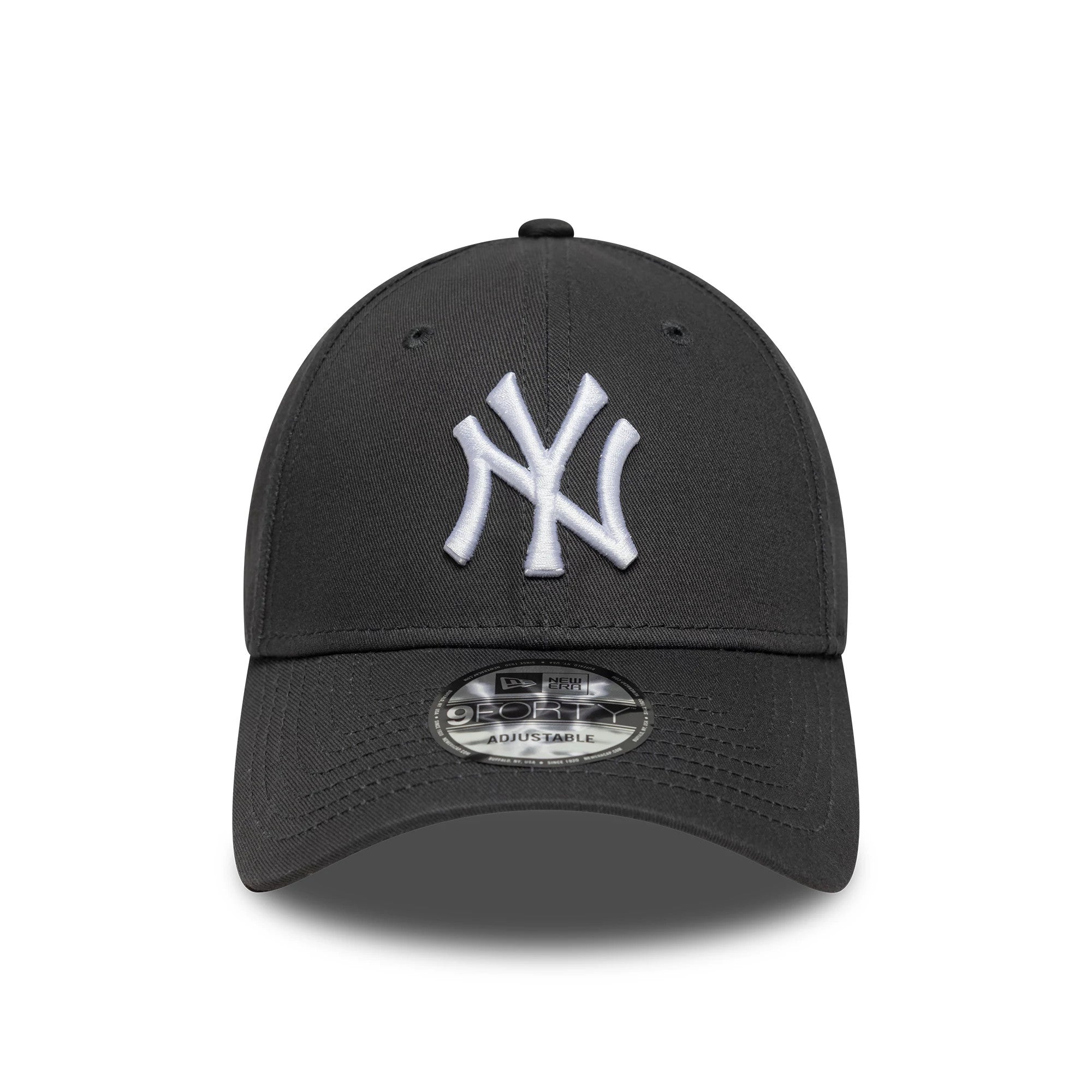 New York Yankees MLB League Essential Charcoal New Era 9FORTY Cap, front view showing the raised white NY logo on the structured charcoal crown, with a curved visor featuring a 9FORTY size sticker.