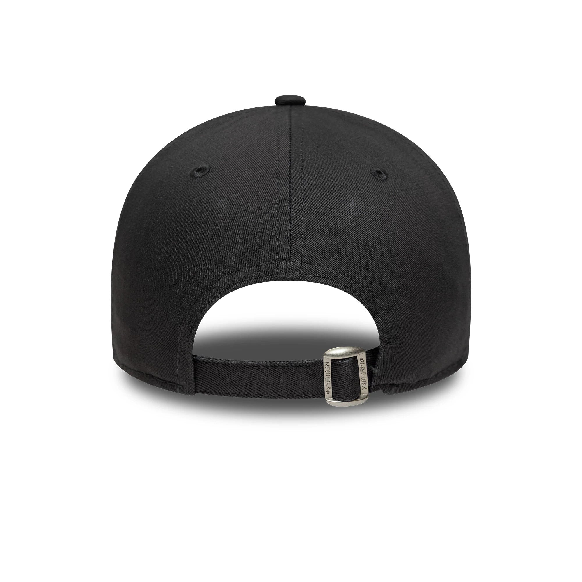 New York Yankees MLB League Essential Charcoal New Era 9FORTY Cap, rear view showing an adjustable strap with a buckle at the back, black eyelets, and a unstructured charcoal crown.