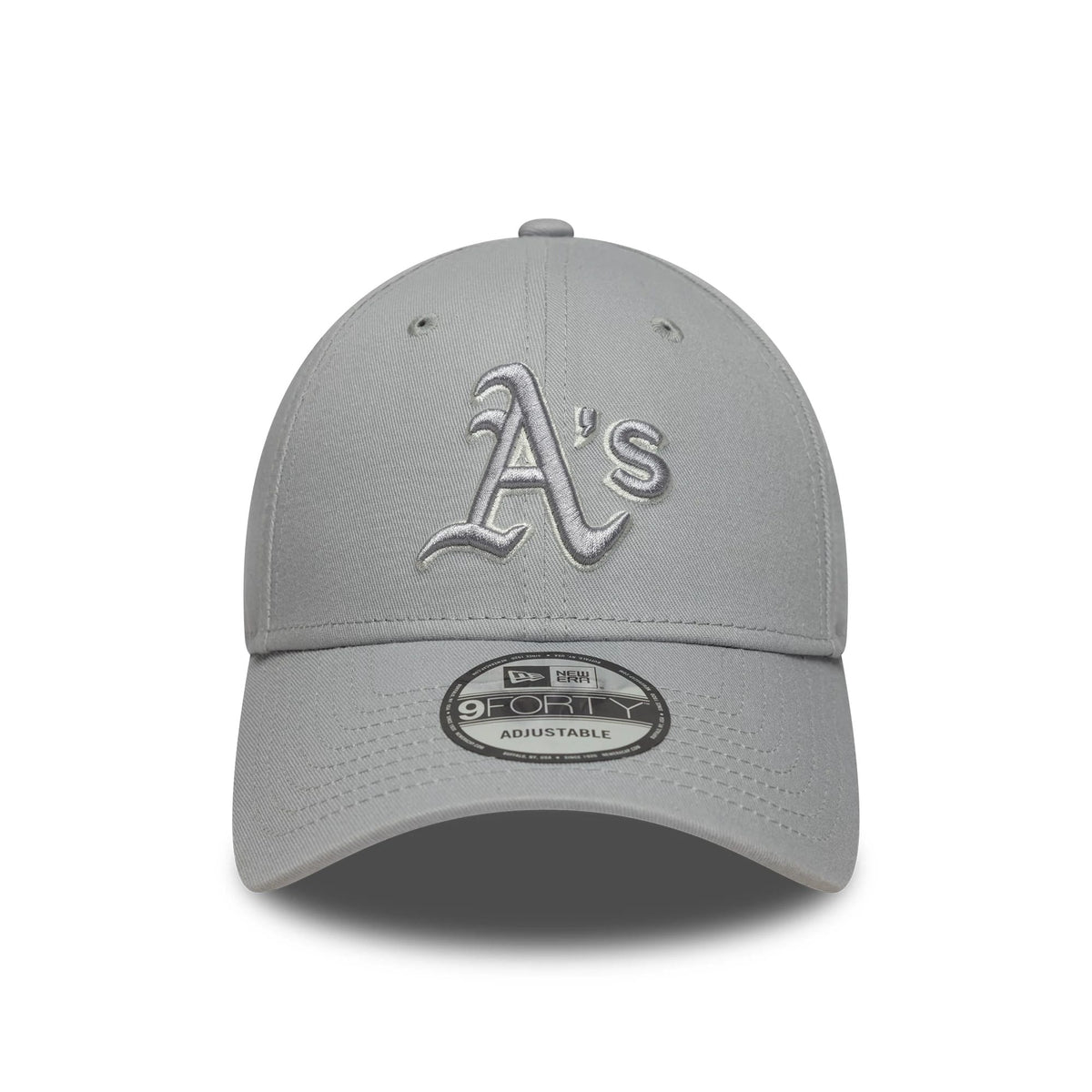 Athletics MLB Team Outline Grey New Era 9FORTY Cap, front view showing the raised grey embroidered A's logo on the structured crown with a curved visor and the 9FORTY size sticker on the visor.
