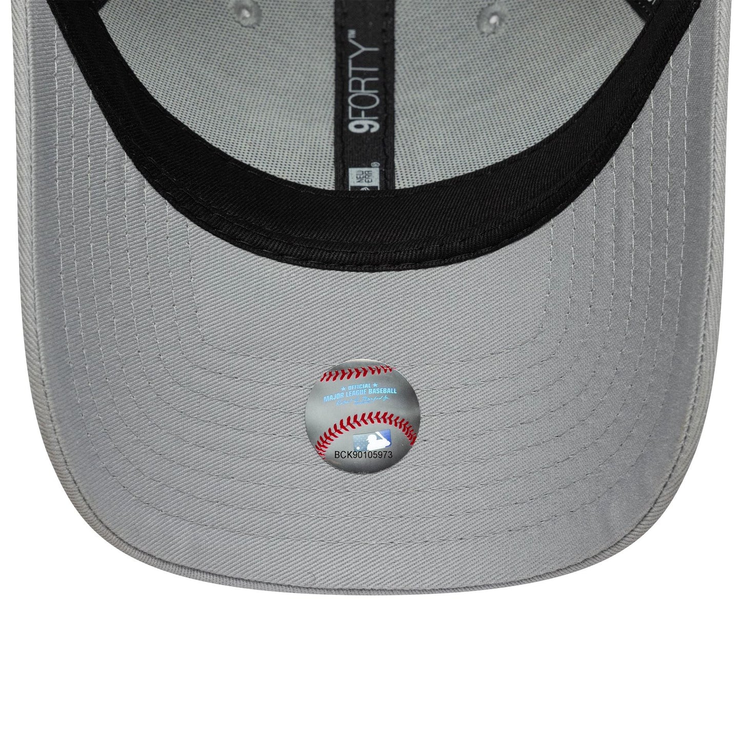 Athletics MLB Team Outline Grey New Era 9FORTY Cap, inside view showing the black sweatband, grey undervisor with a detailed baseball sticker, and black taping with white 9FORTY branding amid rivets.