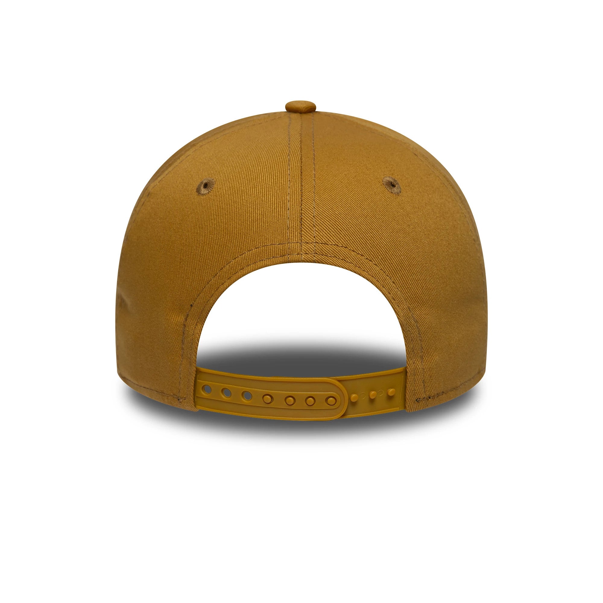 New York Yankees MLB League Essential Beige New Era 9FORTY E-Frame Cap, rear view showing the adjustable beige strap at the back, with beige eyelets and a matching top button on the unstructured crown.