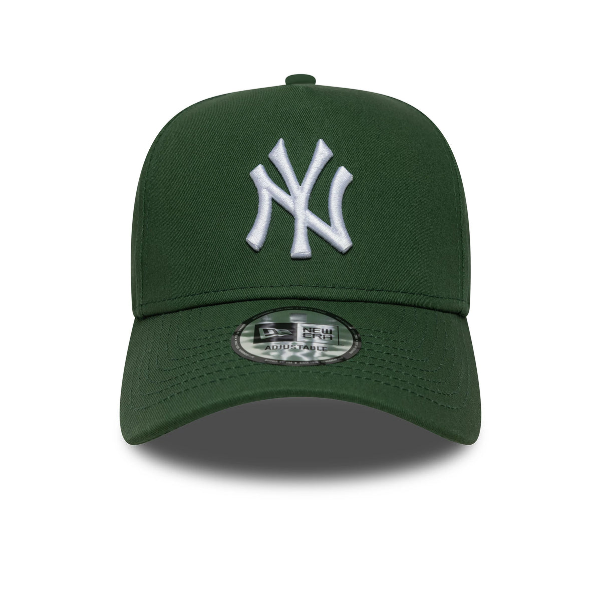 New York Yankees MLB Dark Green New Era 9FORTY E-Frame Cap, front view showing raised white embroidered NY logo on the structured green crown, with a 9FORTY size sticker on the rounded green visor.