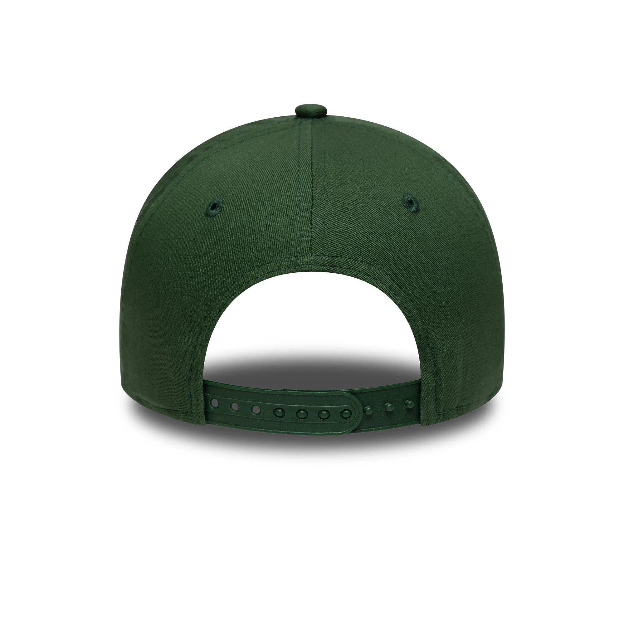 New York Yankees MLB Dark Green New Era 9FORTY E-Frame Cap, rear view showing the unembellished structured dark green crown with adjustable snap closure, set low above the curved edge of the visor.