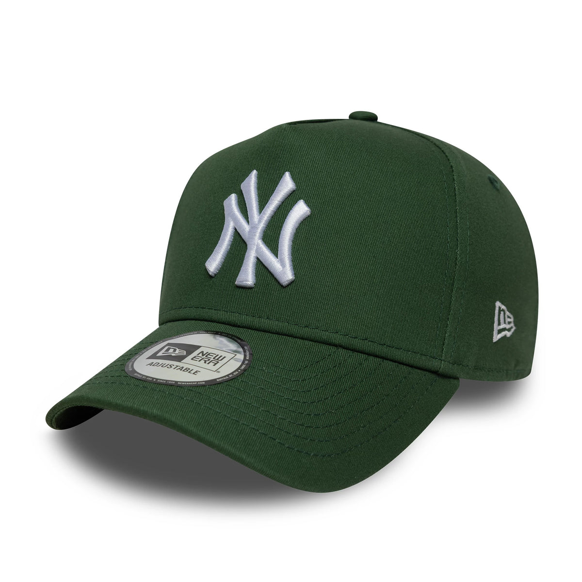New York Yankees MLB Dark Green New Era 9FORTY E-Frame Cap, front view showing the raised white NY logo on the structured dark green crown, with a contrasting curved visor and a 9FORTY size sticker on the top.