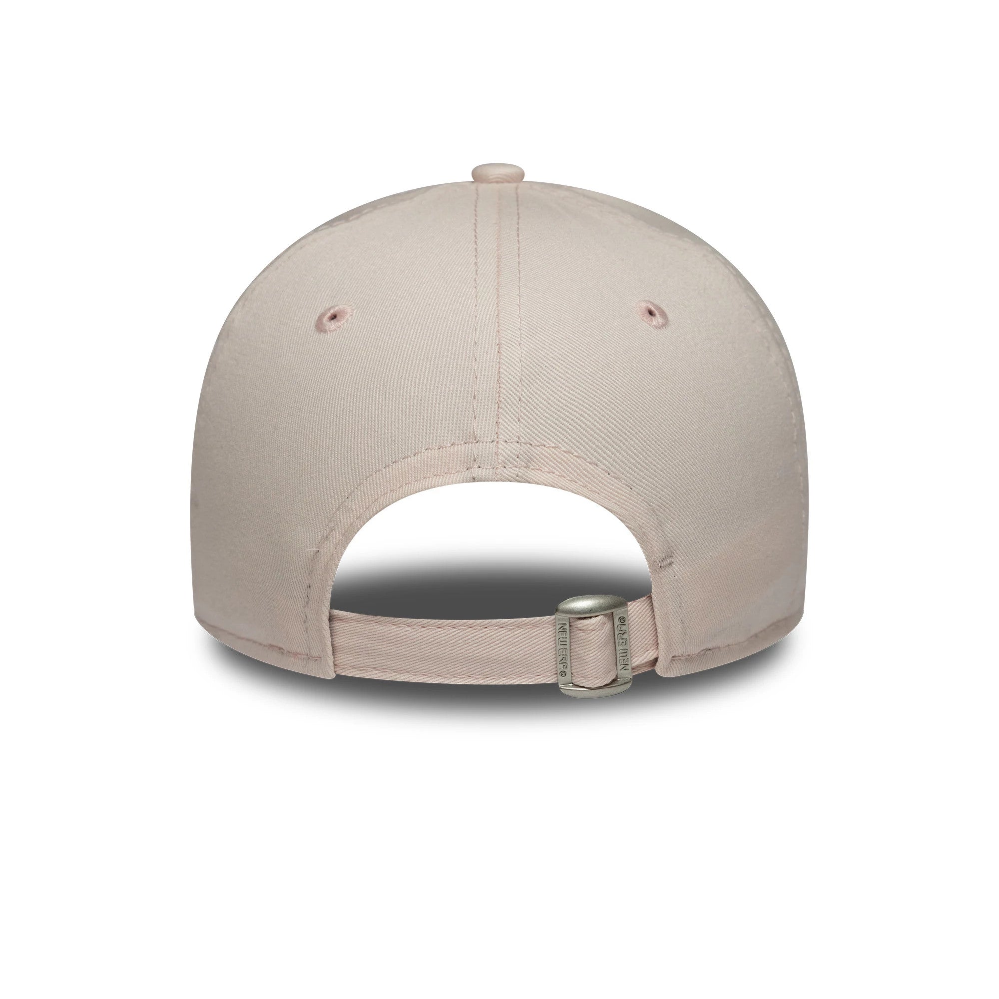 LA Dodgers Womens MLB Midi Pastel Pink New Era 9FORTY Cap, rear view showing the adjustable strap with a buckle, plain pastel pink crown, and embroidered eyelets for ventilation.
