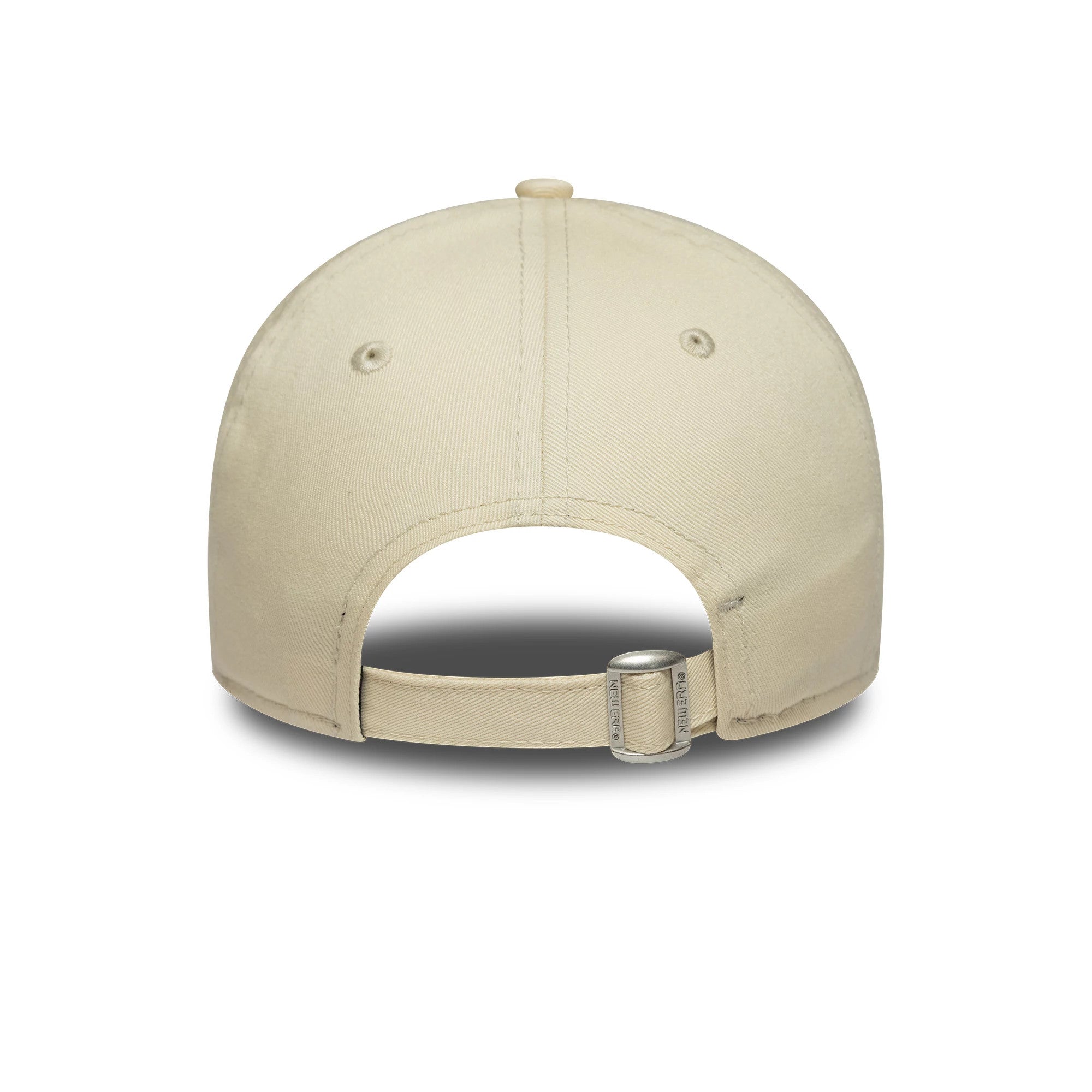 LA Dodgers Womens MLB Midi Light Beige New Era 9TWENTY Cap, rear view showing an adjustable strap with a silver buckle, a light beige top button, and matching eyelets on the unstructured crown.