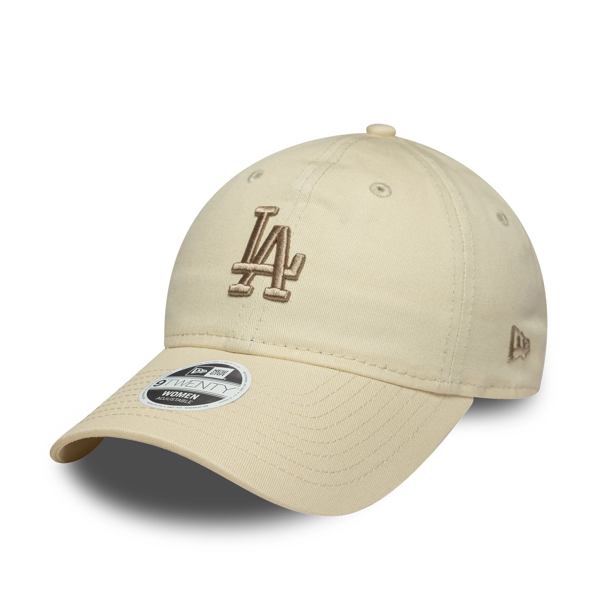 LA Dodgers Womens MLB Midi Light Beige New Era 9TWENTY Cap, front view showing a brown embroidered LA logo on the front panel, curved visor with 9TWENTY size sticker, and New Era flag logo on the left side.