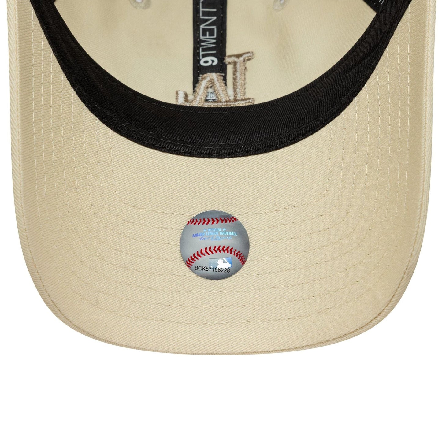 LA Dodgers Womens MLB Midi Light Beige New Era 9TWENTY Cap, inside view showing the black sweatband, beige undervisor, MLB logo sticker on the undervisor, black taping, and cream embroidered LA logo detail through the crown.