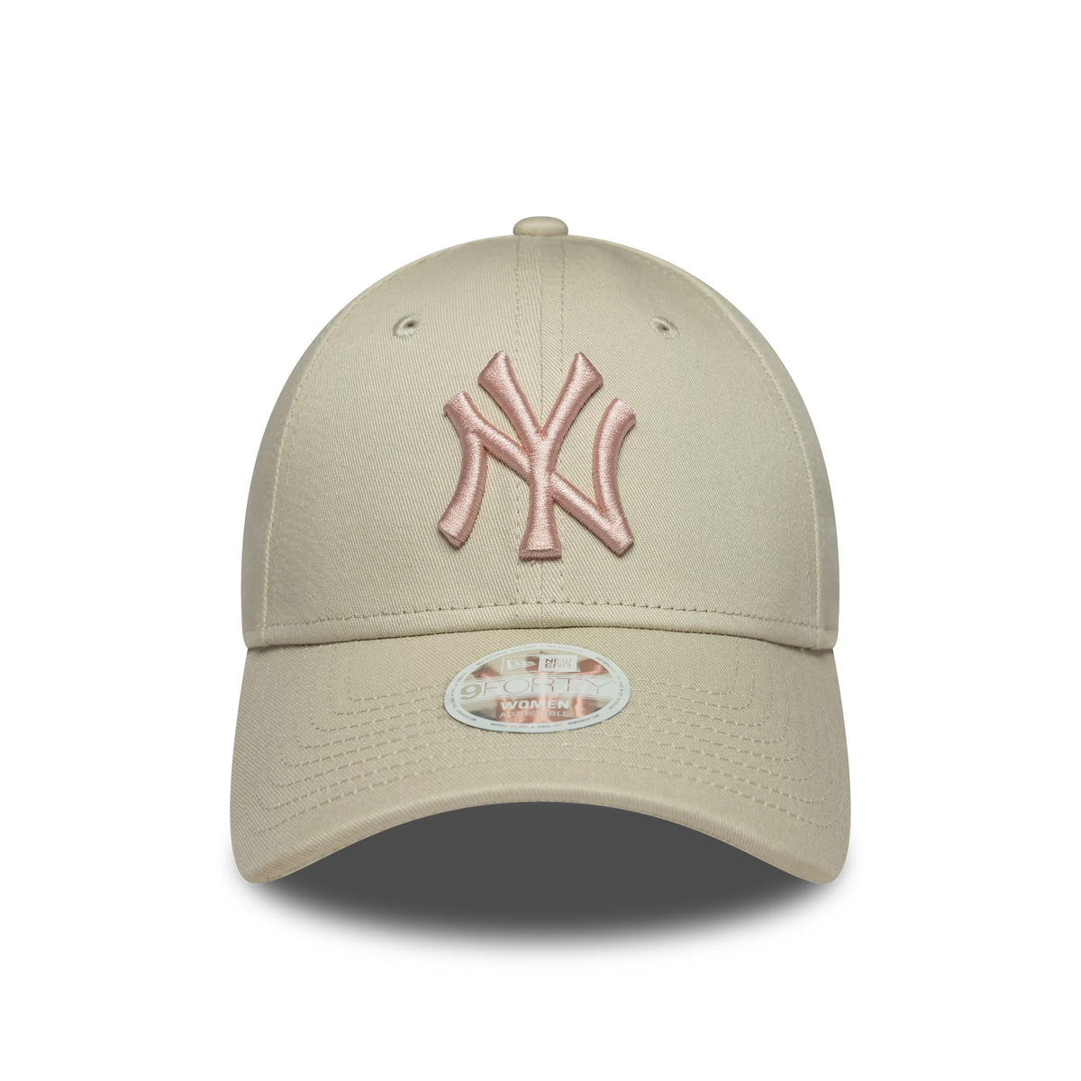 New York Yankees Womens MLB Light Beige New Era 9FORTY Cap, front view showing the light pink raised embroidered NY logo on the structured crown, with a curved visor and a 9FORTY size sticker.