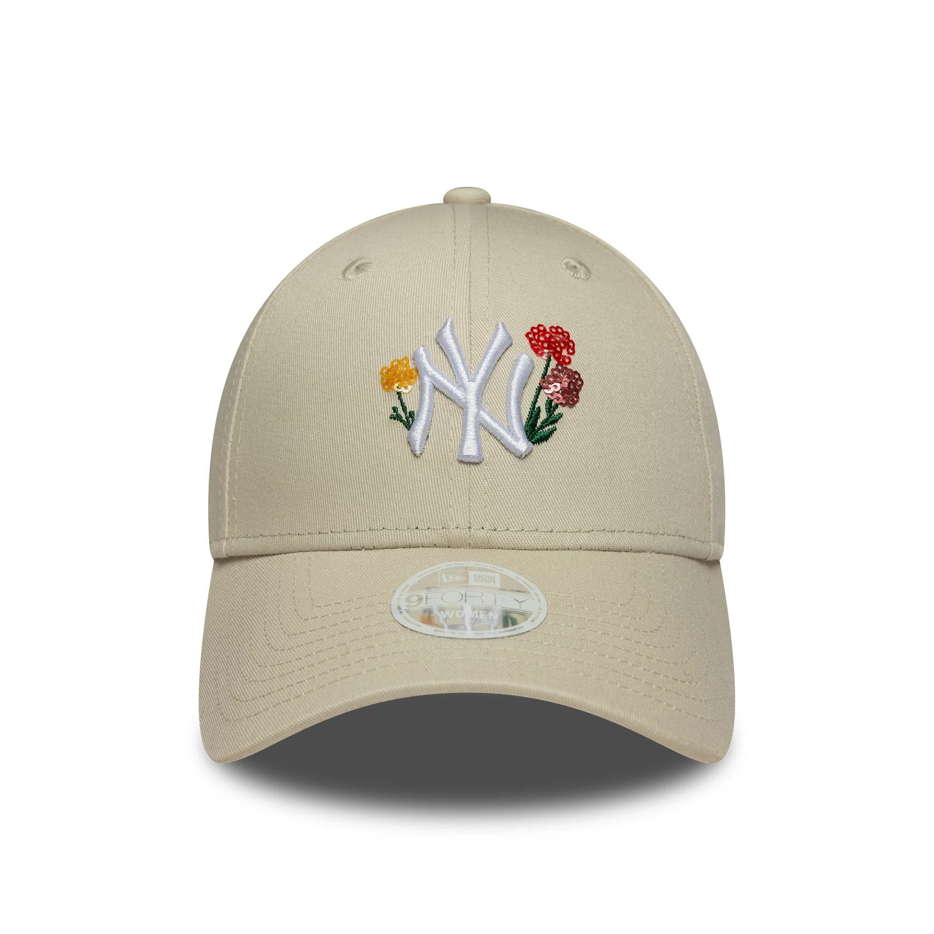 Pictured is this Womens MLB Floral New York Yankees 9FORTY in light beige. 2