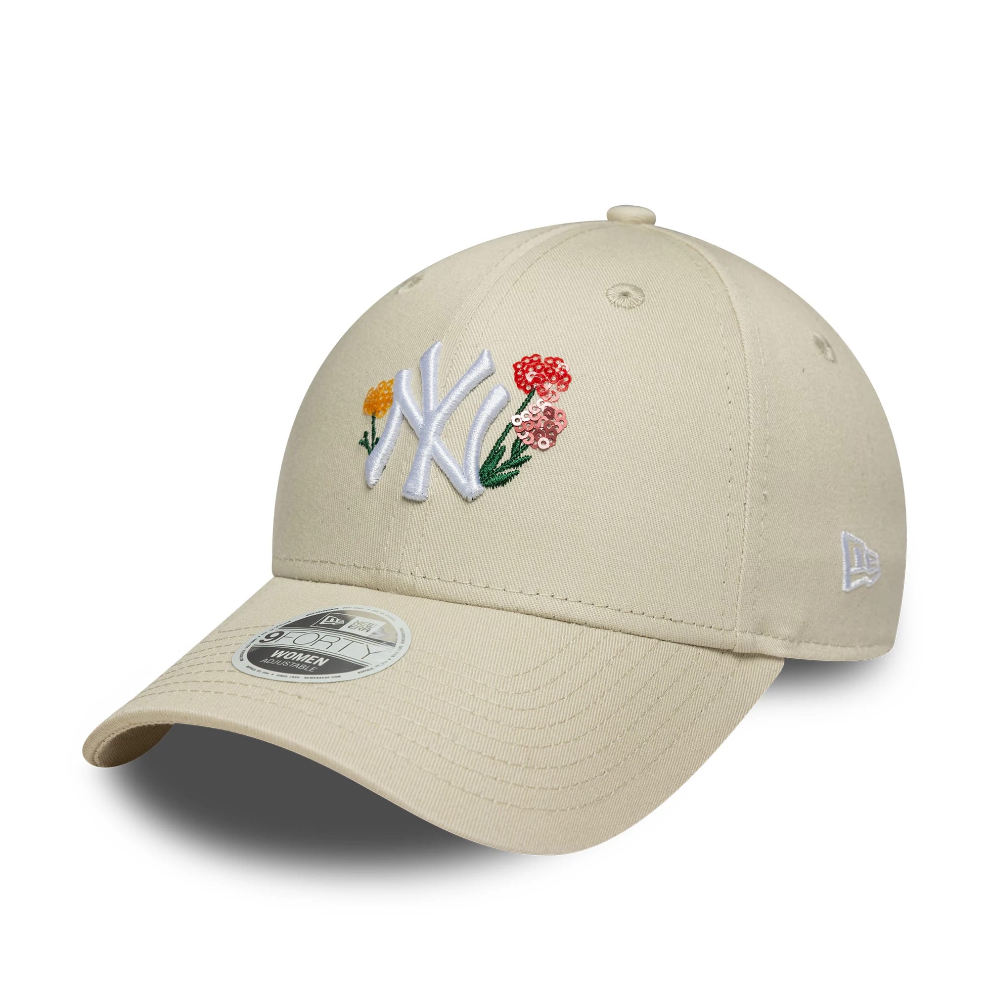 Pictured is this Womens MLB Floral New York Yankees 9FORTY in light beige. 1