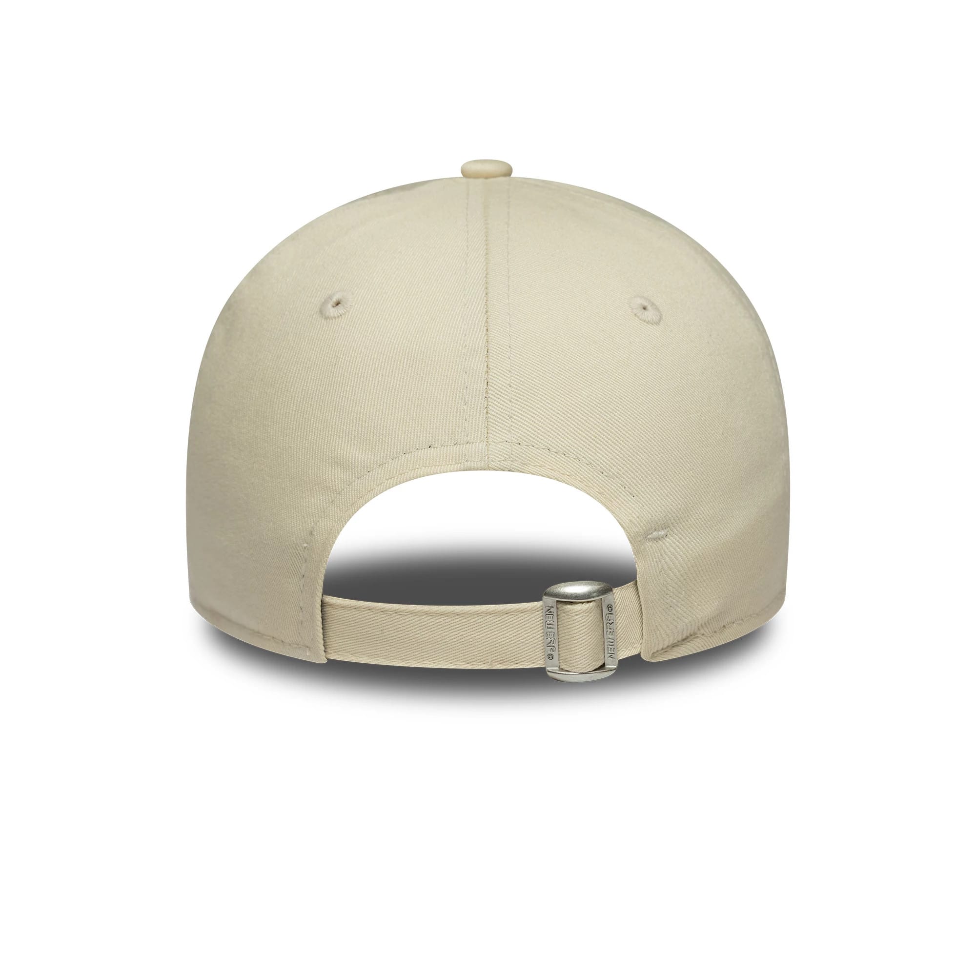New York Yankees Womens MLB Metallic Logo Light Beige New Era 9FORTY Cap, rear view showing an adjustable strap with a buckle at the back, centred on the unstructured light beige crown with matching top button and eyelets.