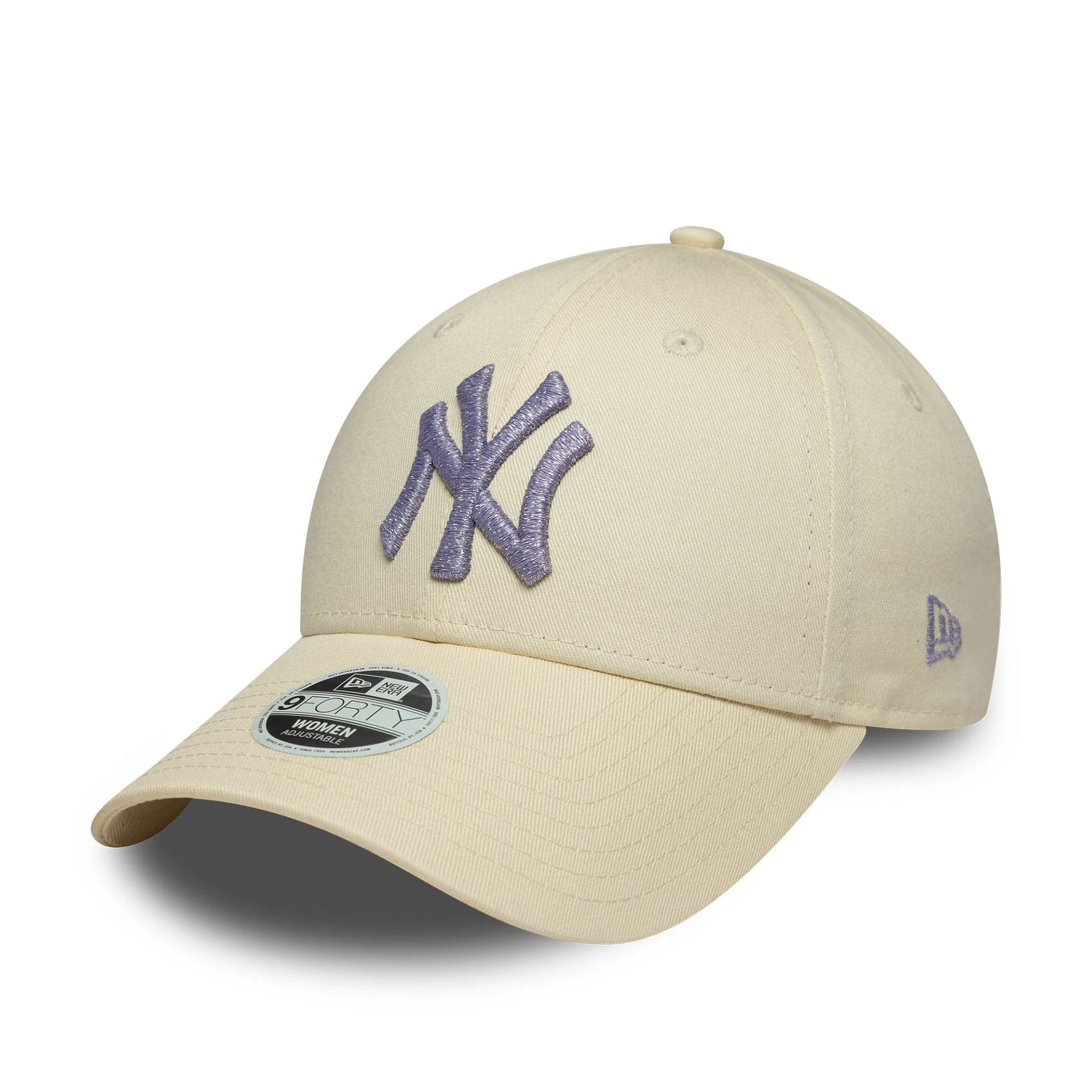 Pictured is this Womens MLB Metallic Logo New York Yankees 9FORTY in light beige. 1