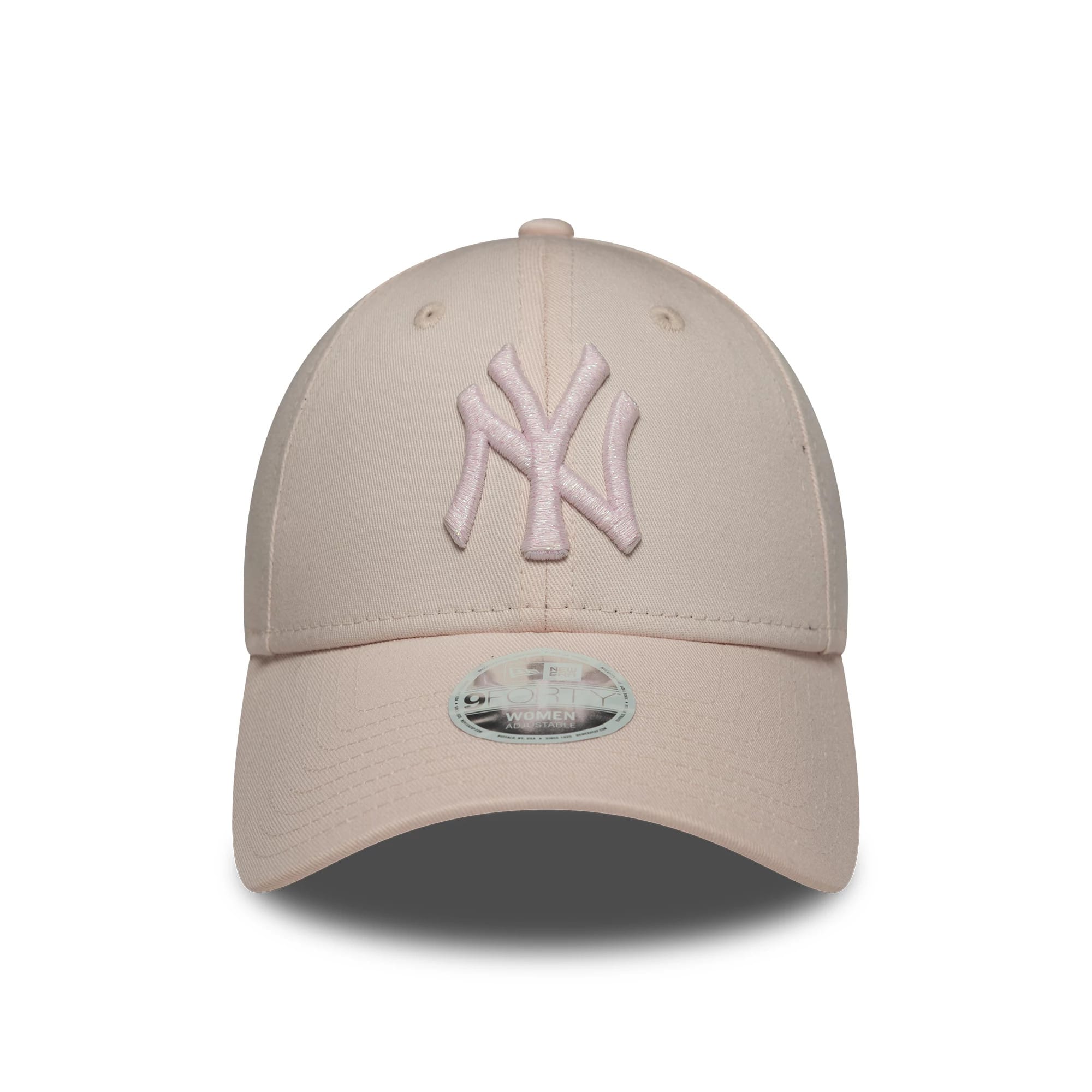 New York Yankees Womens MLB Metallic Logo Pastel Pink New Era 9FORTY Cap, front view showing the light pink raised embroidered NY logo on the structured pastel pink crown, with a 9FORTY size sticker on the matching curved visor.