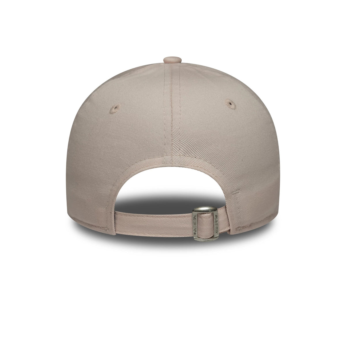 New York Yankees Womens MLB Metallic Logo Pastel Pink New Era 9FORTY Cap, rear view showing the adjustable strap with buckle and pastel pink colouring throughout the structured panels and top button.