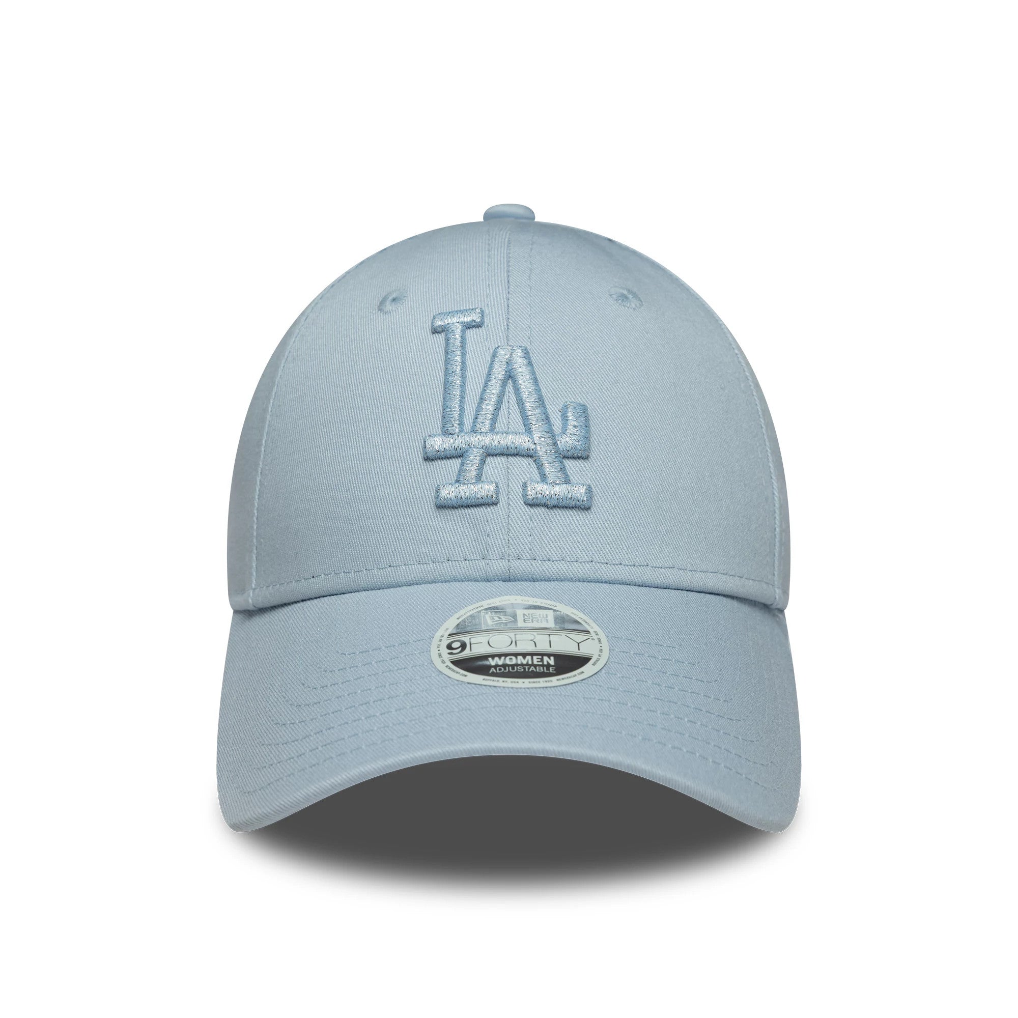 LA Dodgers Womens MLB Metallic Logo Pastel Blue New Era 9FORTY Cap, front view showing the raised blue LA logo on the structured pastel blue crown, with a 9FORTY size sticker on the curved visor.