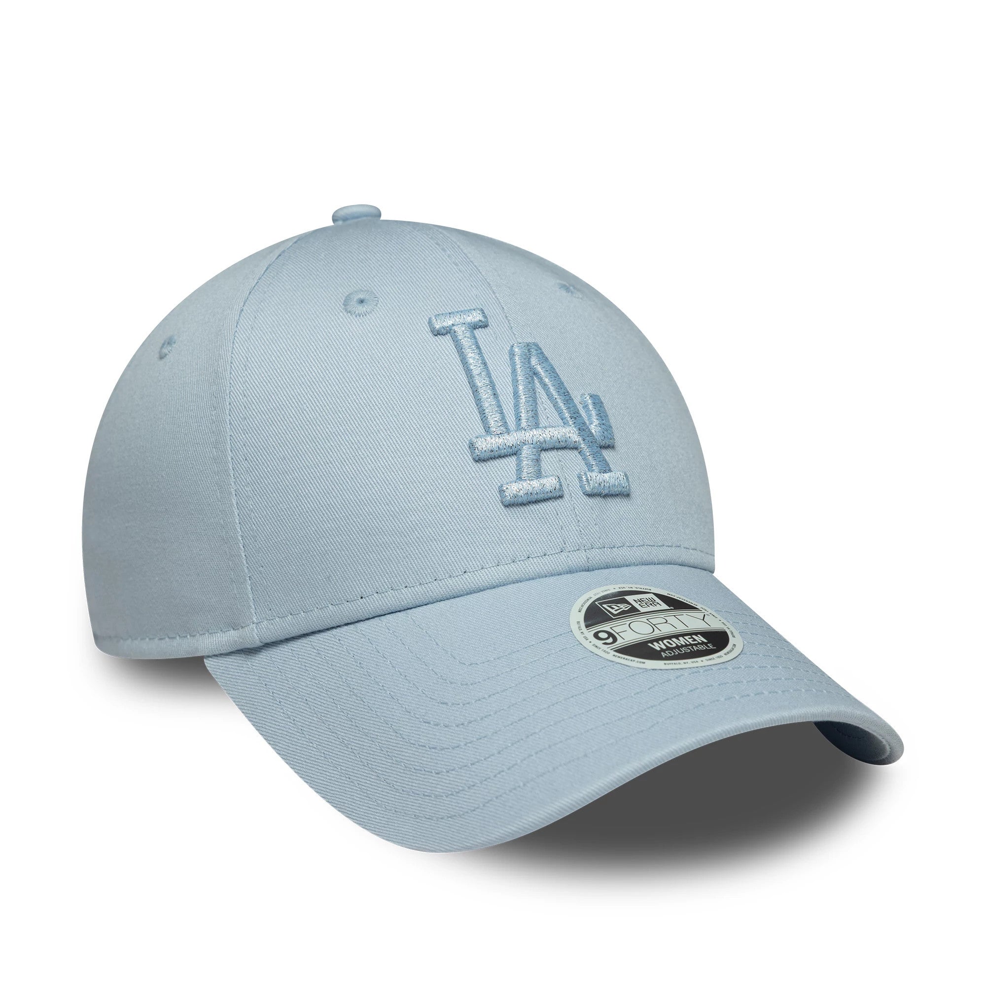 LA Dodgers Womens MLB Metallic Logo Pastel Blue New Era 9FORTY Cap, three-quarter view showing the blue embroidered LA logo on the front panel, with a curved pastel blue visor and 9FORTY size sticker.