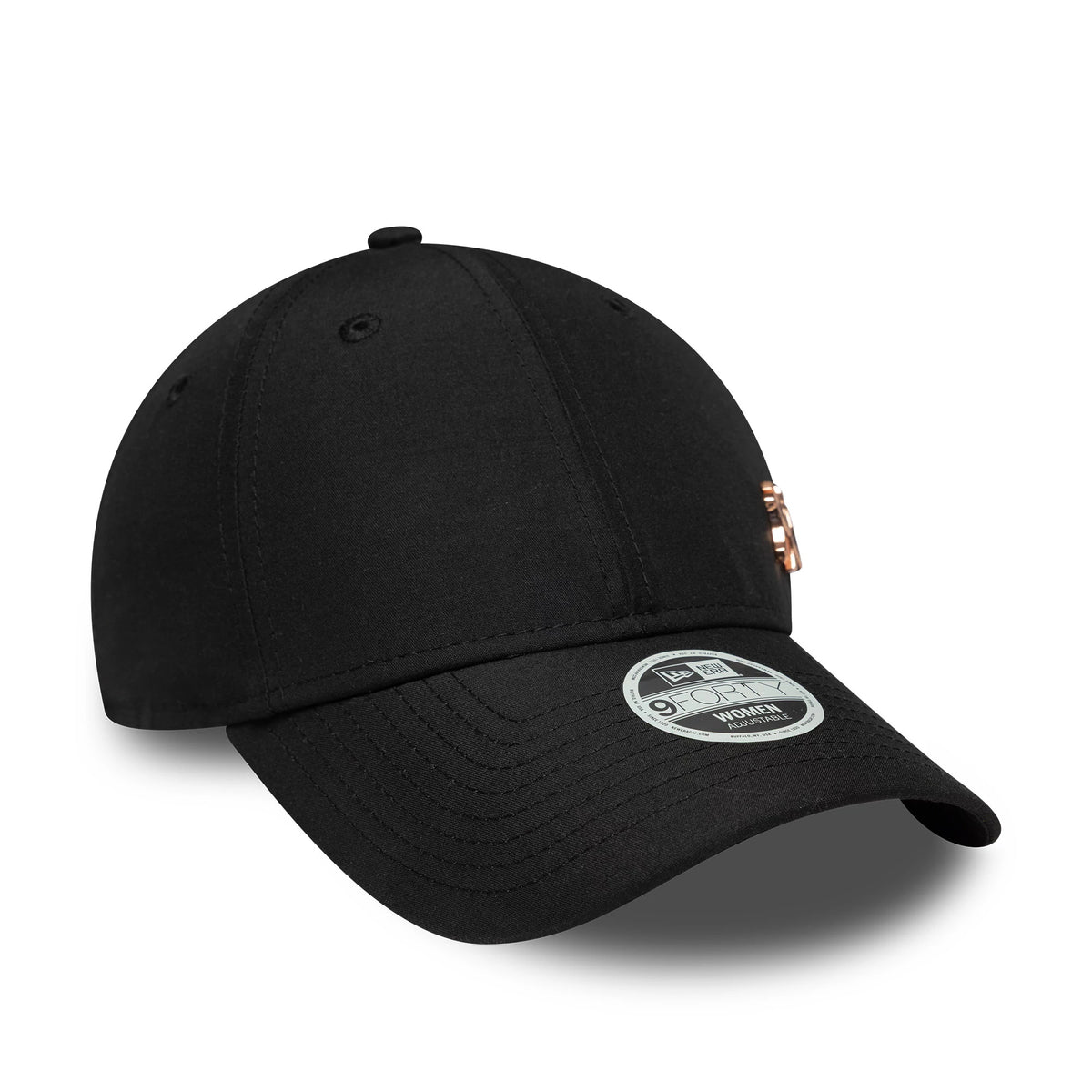 New York Yankees Womens MLB Flawless Black New Era 9FORTY Cap, three-quarter view showing a copper Yankees logo embroidered on the front panel, black curved visor and 9FORTY size sticker on the top.