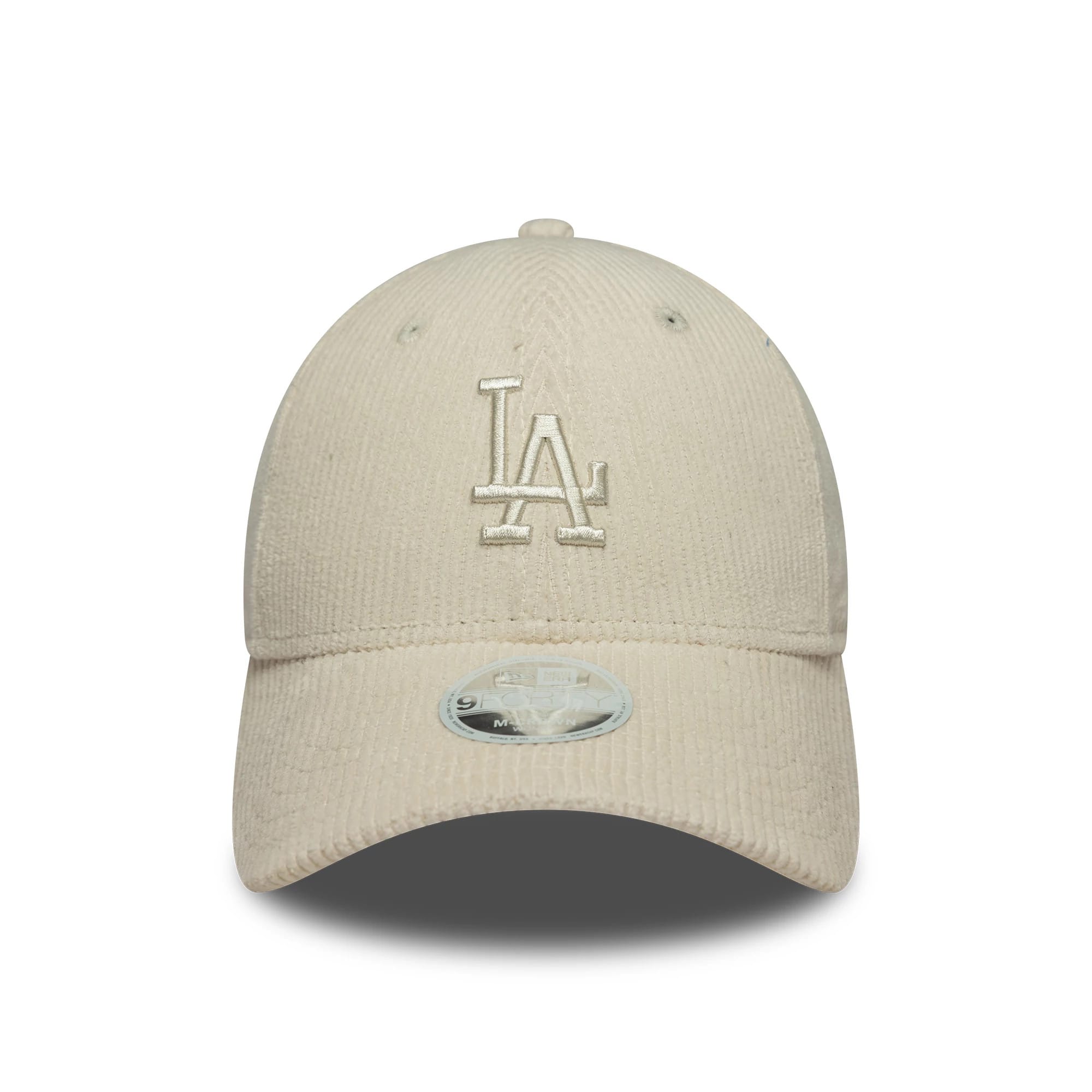 LA Dodgers Womens MLB Pastel Cord Light Beige New Era 9FORTY M-Crown Cap, front view showing the raised LA logo in matching light beige embroidery on the soft corduroy fabric, with a 9FORTY size sticker on the curved visor.