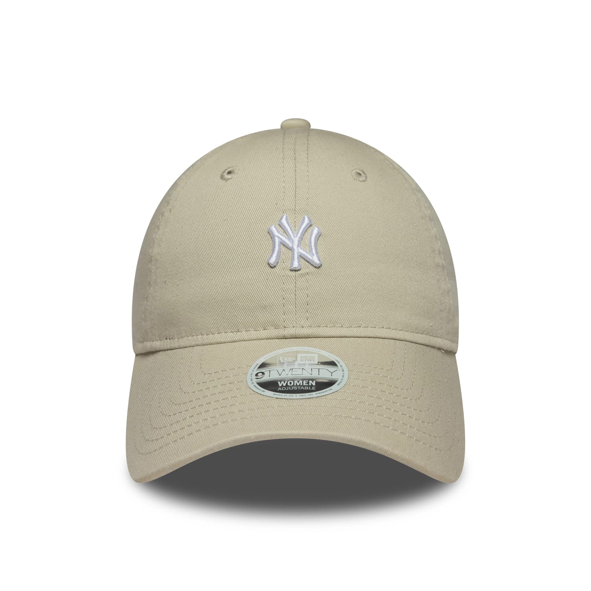 New York Yankees Womens MLB Washed Mini Light Beige New Era 9TWENTY Cap, front view showing a white embroidered NY logo on the structured beige crown and a 9TWENTY size sticker on the curved visor.