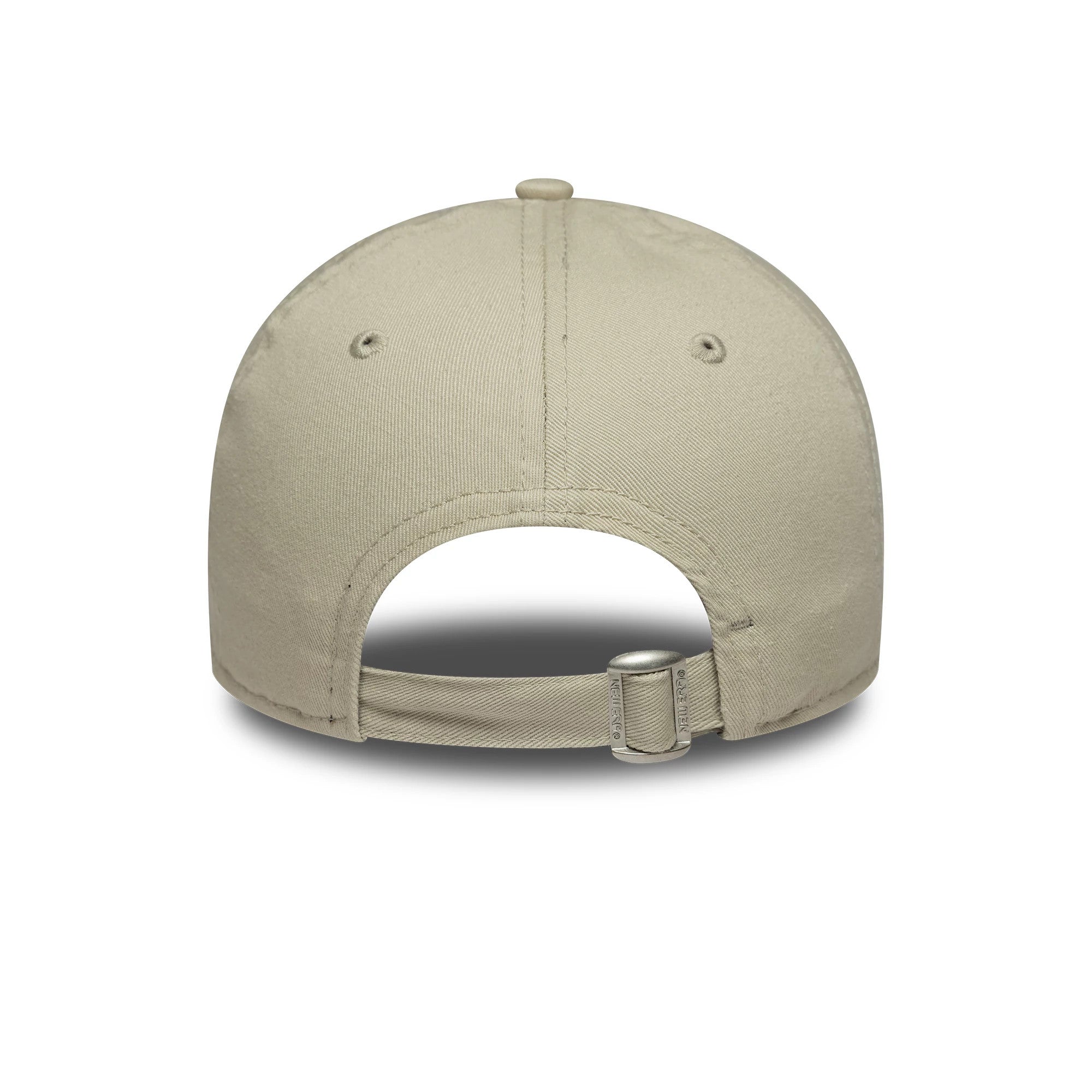New York Yankees Womens MLB Washed Mini Light Beige New Era 9TWENTY Cap, rear view showing the unstructured light beige crown with eyelets, a fabric strap with a buckle for adjustable fitting, and a small New Era flag logo on the side.