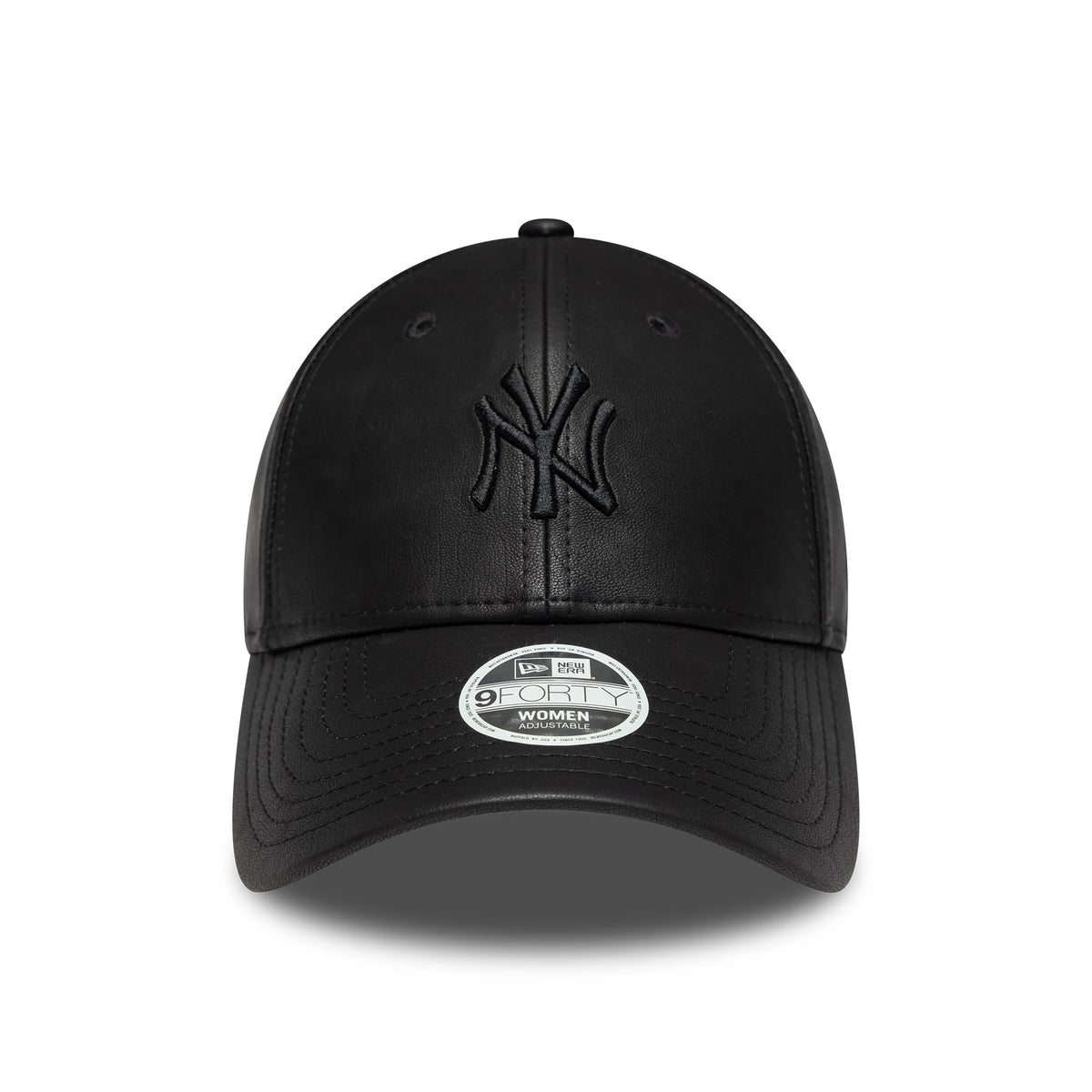 New York Yankees Womens MLB PU Black New Era 9FORTY Cap, front view showing the black raised embroidered NY logo on the structured crown with black PU material, and a 9FORTY size sticker on the curved black visor.