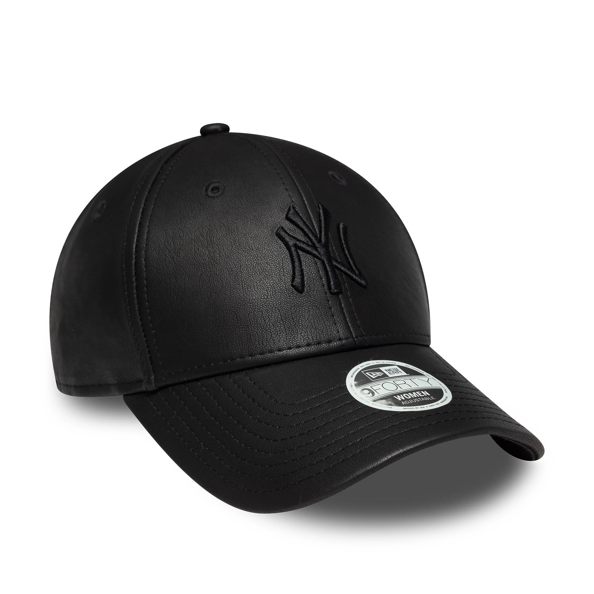 New York Yankees Womens MLB PU Black New Era 9FORTY Cap, three-quarter view showing the black embroidered NY logo on the front panel, with a black curved visor and a 9FORTY size sticker on top.